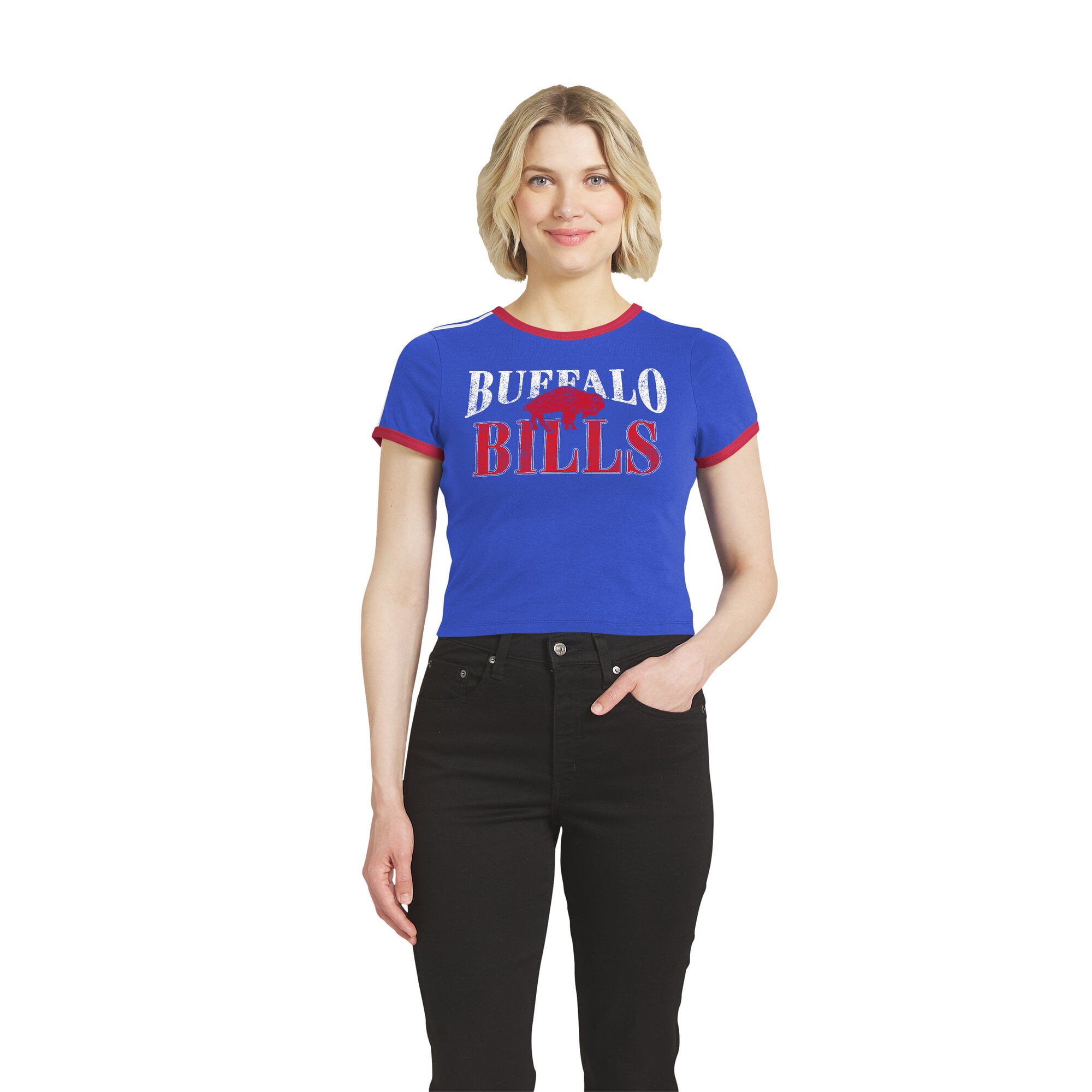Women's WEAR by Erin Andrews Royal Buffalo Bills Cropped Throwback Ringer Baby T-Shirt