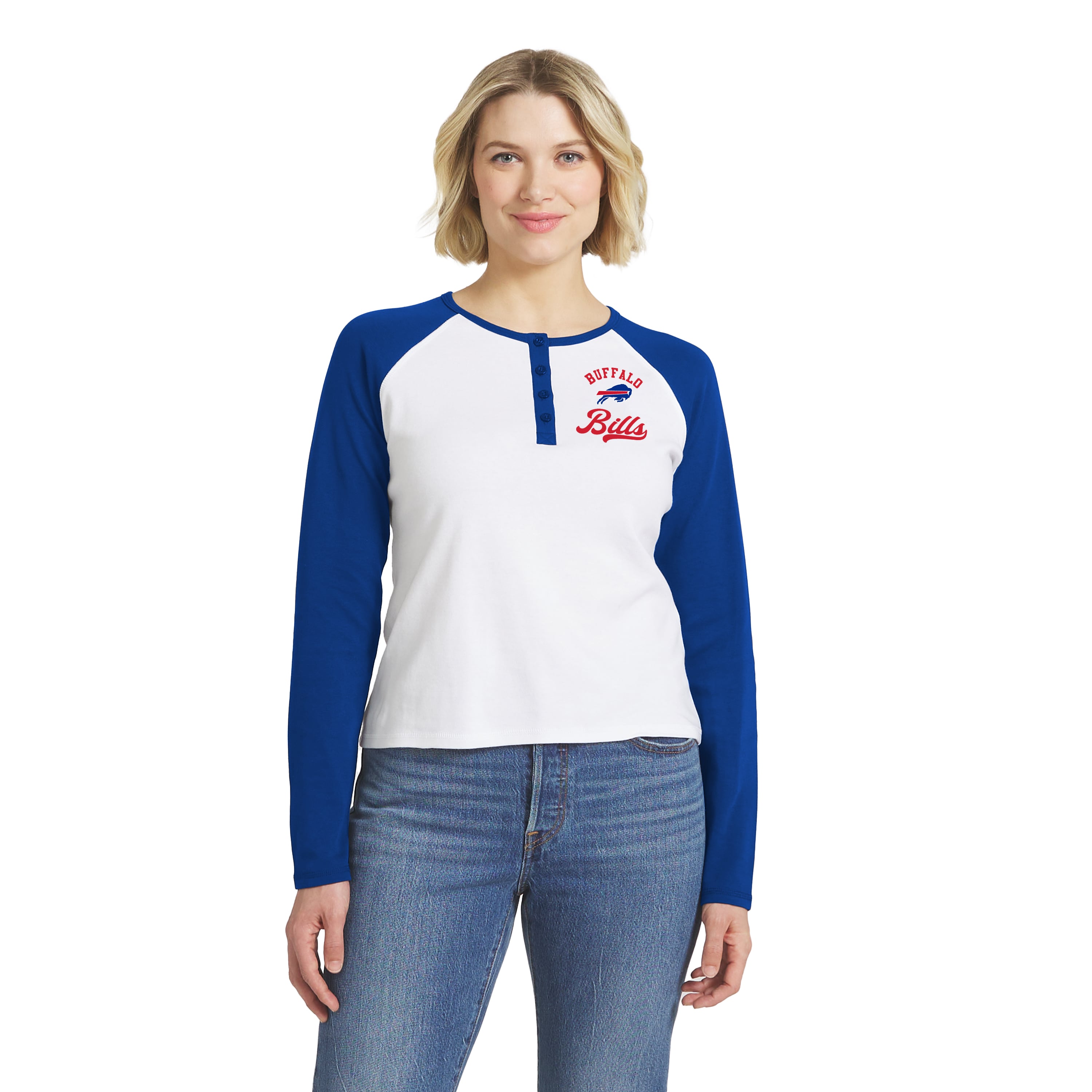 Women's WEAR by Erin Andrews White/Royal Buffalo Bills Henley Long Sleeve Raglan T-Shirt