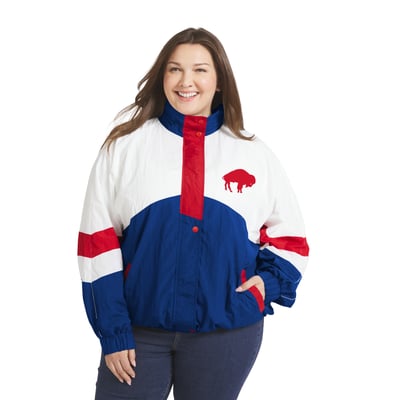  Buffalo Bills WEAR by Erin Andrews Women's Plus Size Crinkle Full-Snap Hooded Windbreaker Jacket - White/Royal