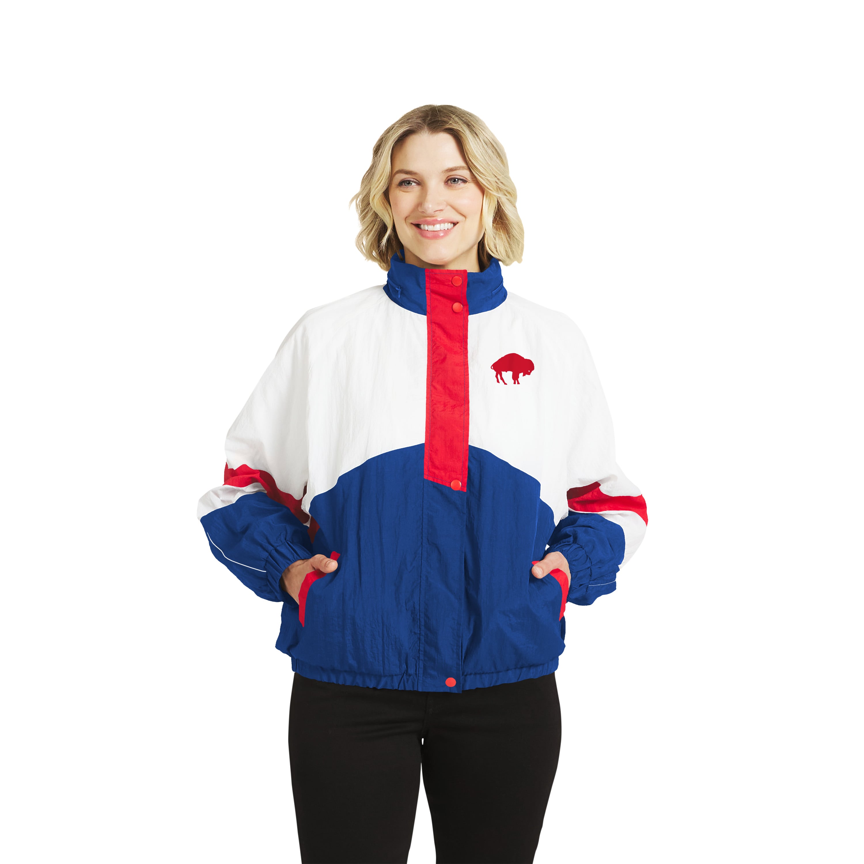 Women's WEAR by Erin Andrews White/Royal Buffalo Bills Throwback Crinkle Full-Snap Hooded Windbreaker Jacket