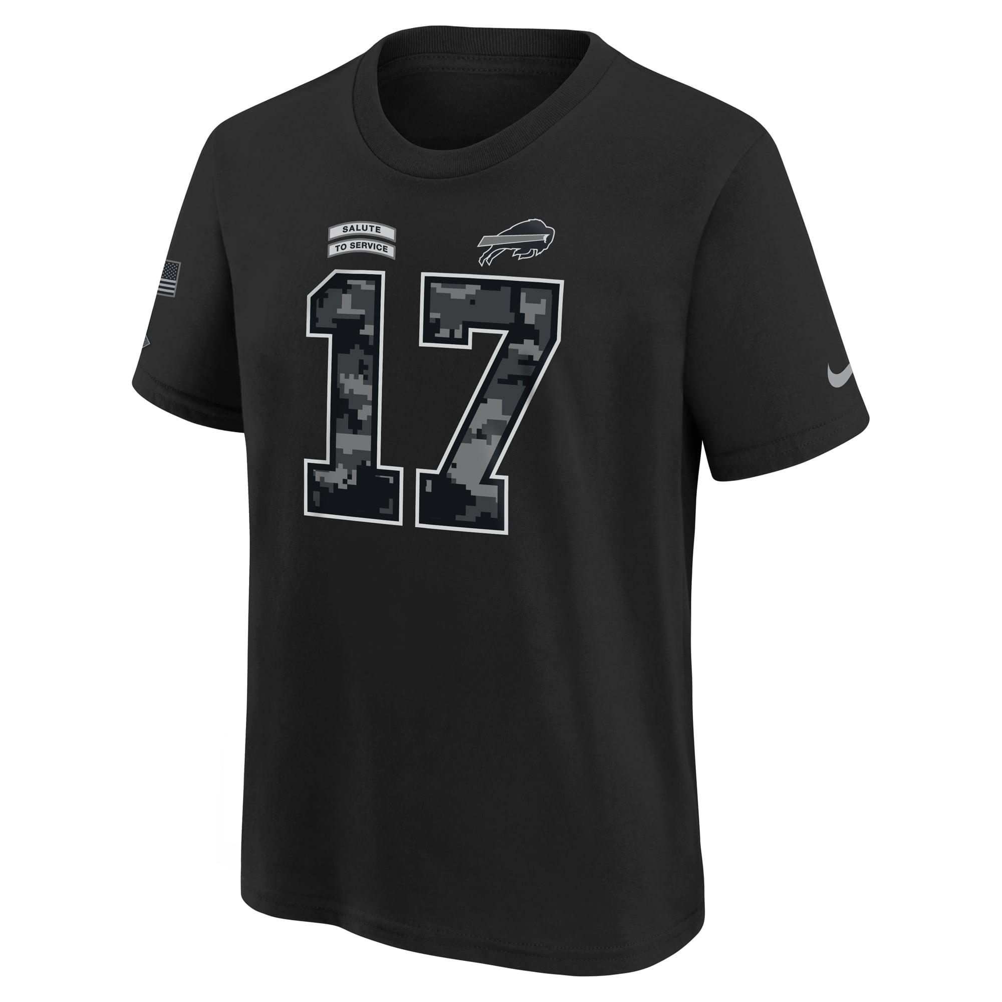 T-shirt Nike Josh Allen noir Buffalo Bills 2026 Salute to Service pour jeunes, nom et numéro