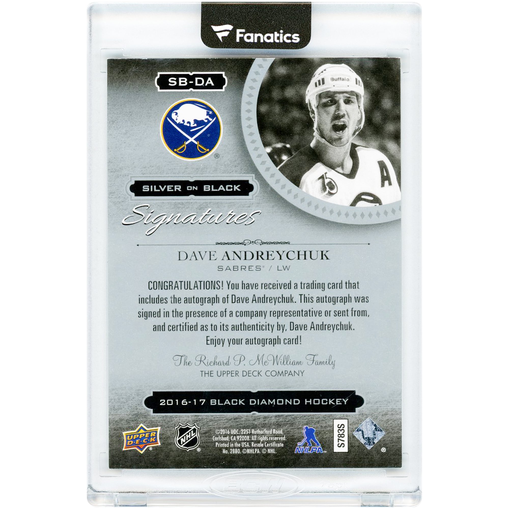 Carte autographiée de Dave Andreychuk (Buffalo Sabres) 2016-17 Upper Deck Black Diamond Silver On Black Signatures #SB-DA #18/125