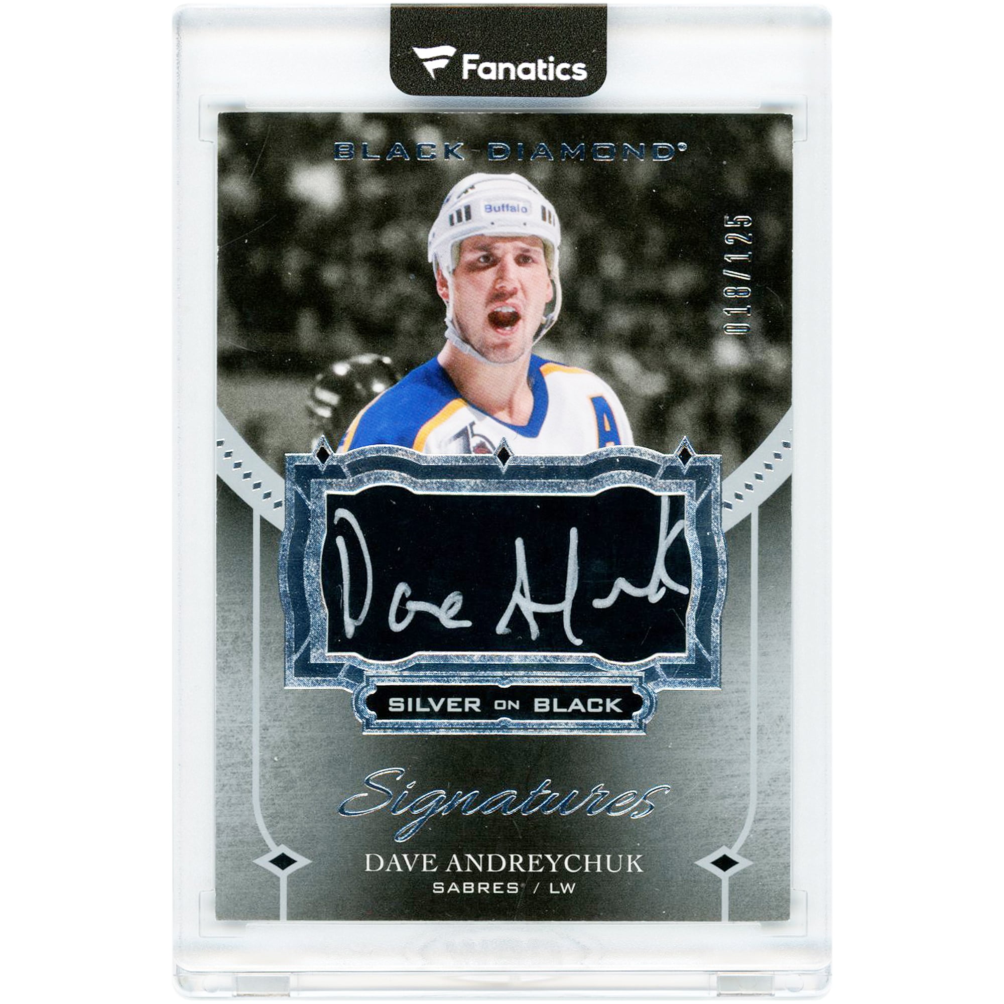 Carte autographiée de Dave Andreychuk (Buffalo Sabres) 2016-17 Upper Deck Black Diamond Silver On Black Signatures #SB-DA #18/125