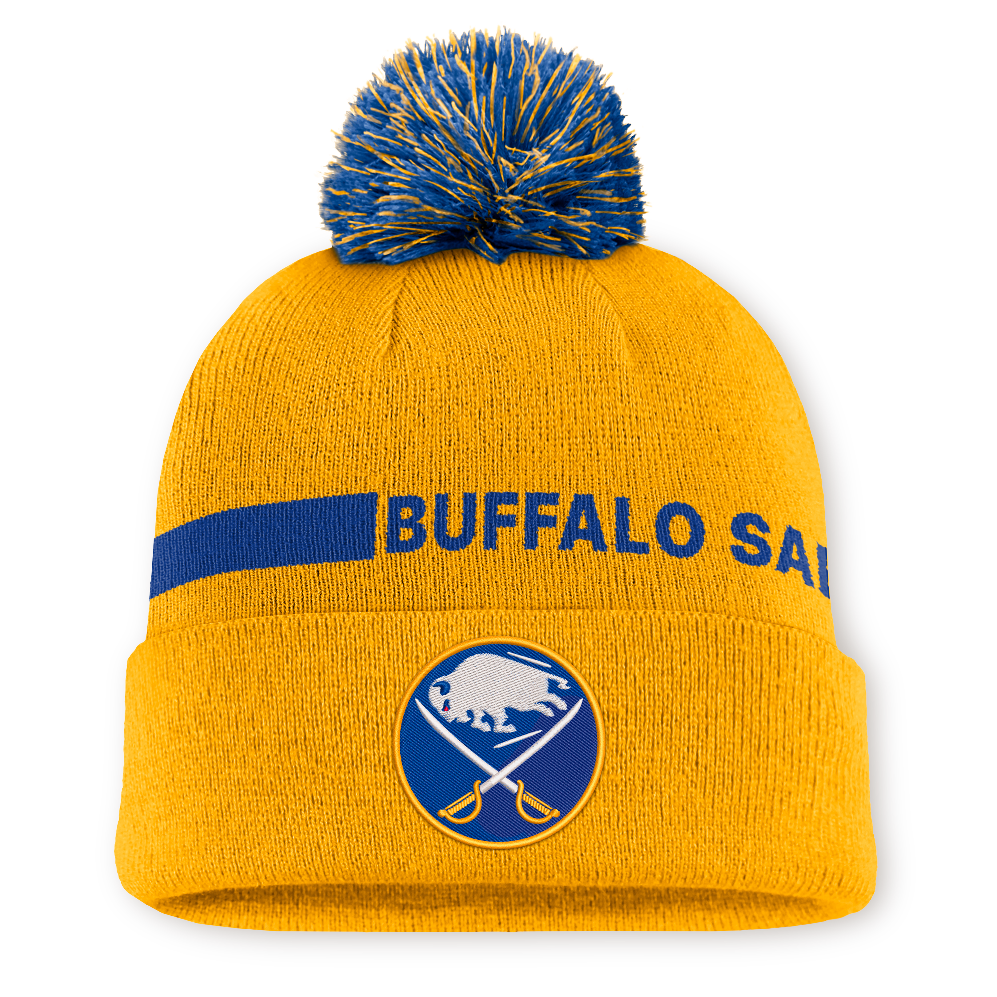 Bonnet tricoté à revers avec pompon, authentique Buffalo Sabres, couleur or, de la marque Fanatics.