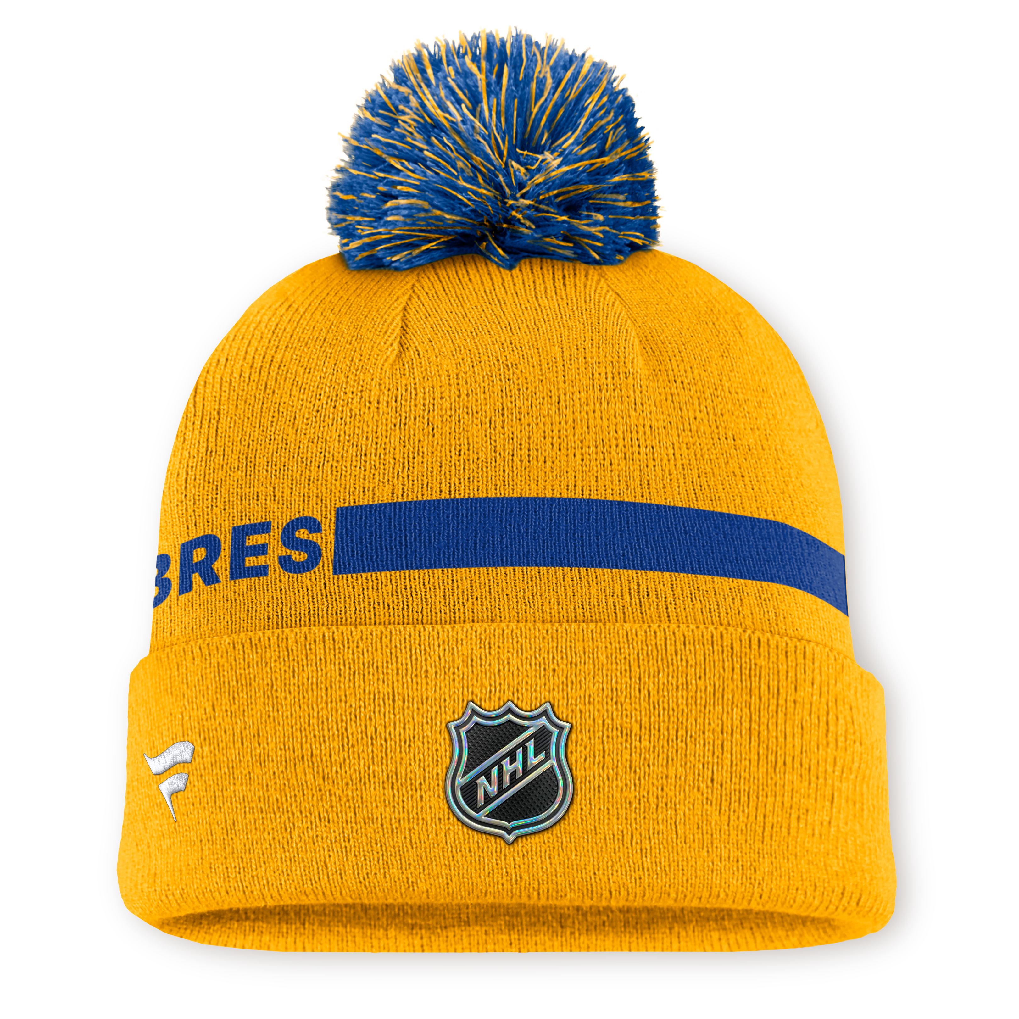 Bonnet tricoté à revers avec pompon, authentique Buffalo Sabres, couleur or, de la marque Fanatics.