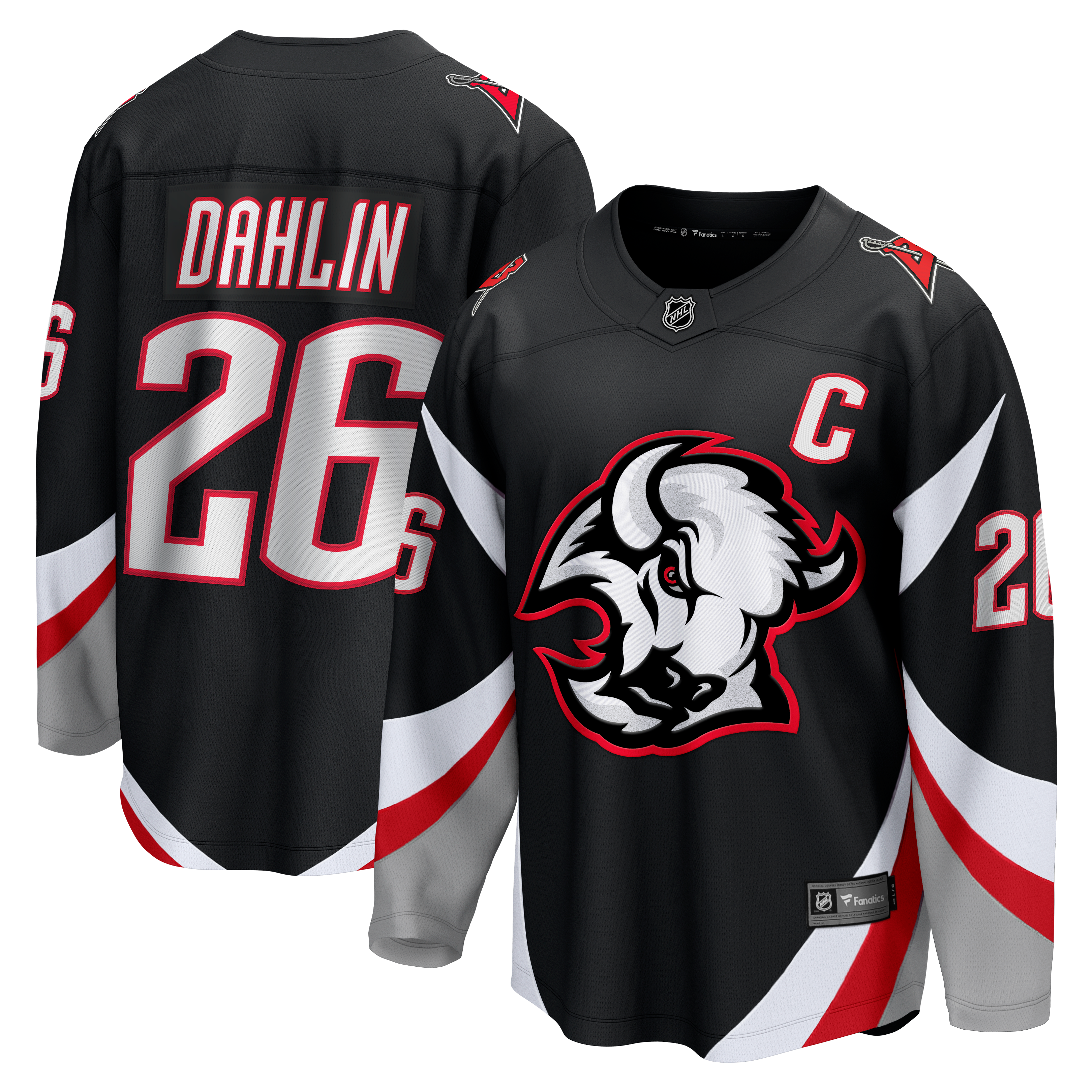 Maillot de capitaine adjoint Rasmus Dahlin des Sabres Buffalo, noir, style Fanatics, avec écusson détachable
