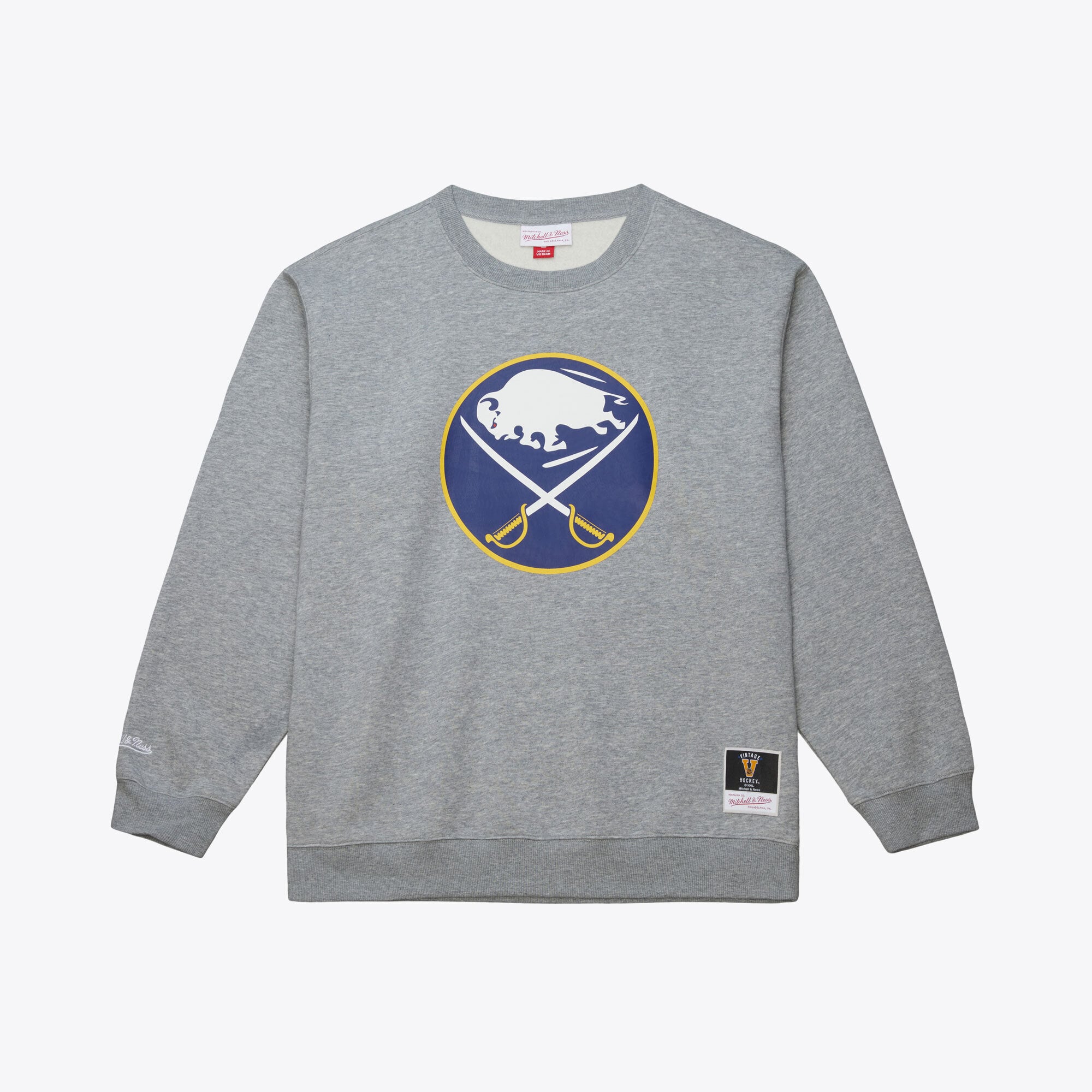 Men's Mitchell & Ness Heather Gray Buffalo Sabres Walk-Off Vintage Logo Fleece Crewneck Sweatshirt