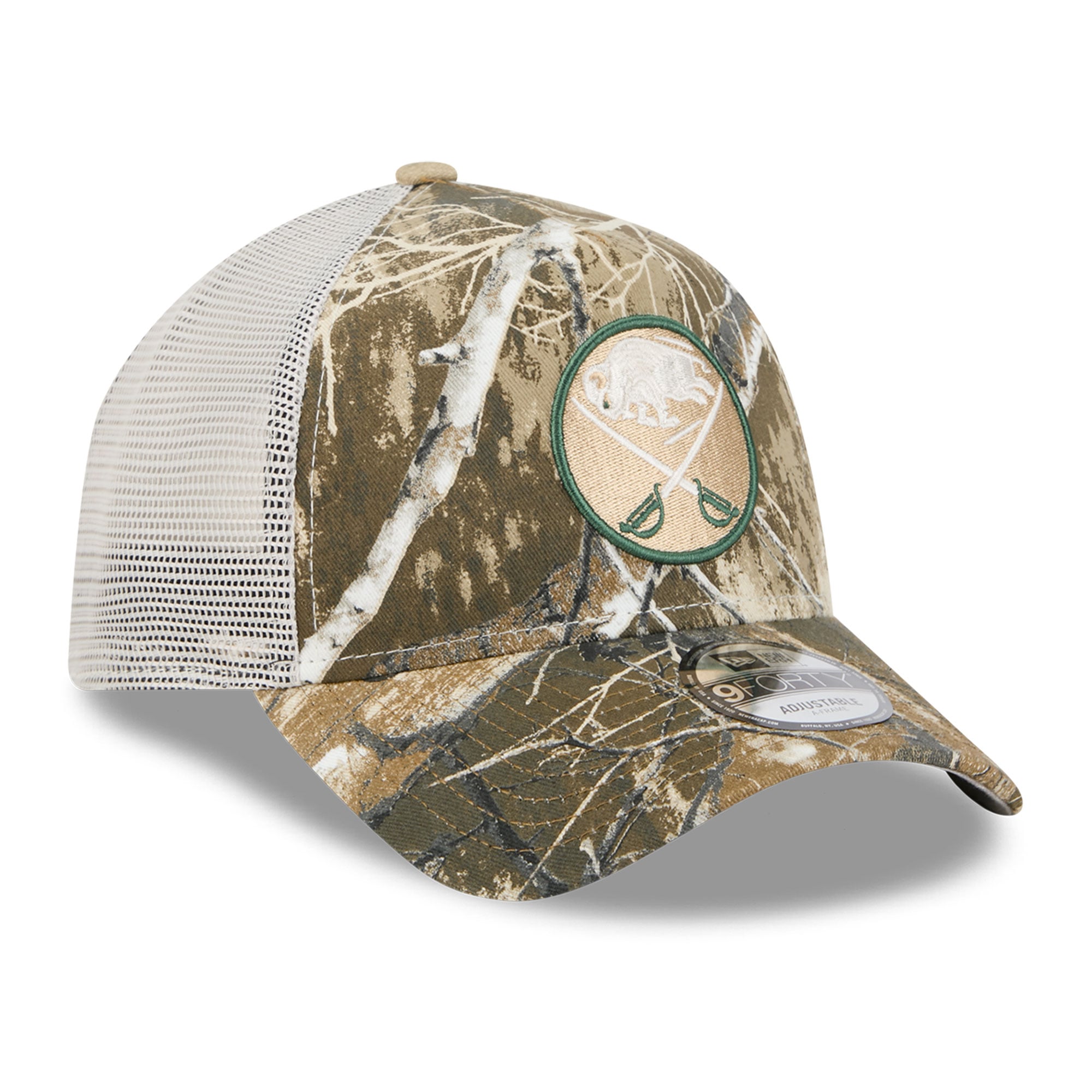 Casquette trucker ajustable New Era pour homme, motif camouflage Buffalo Sabres Real Tree A-Frame 9FORTY