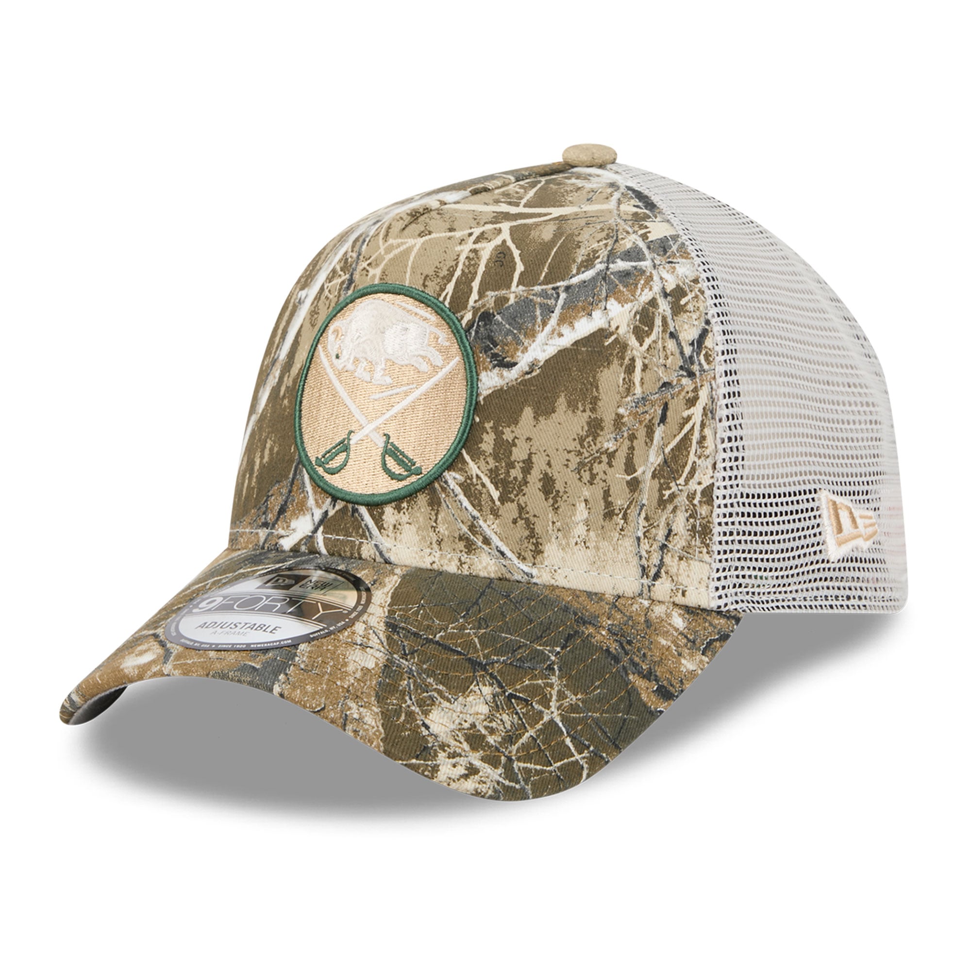 Casquette trucker ajustable New Era pour homme, motif camouflage Buffalo Sabres Real Tree A-Frame 9FORTY