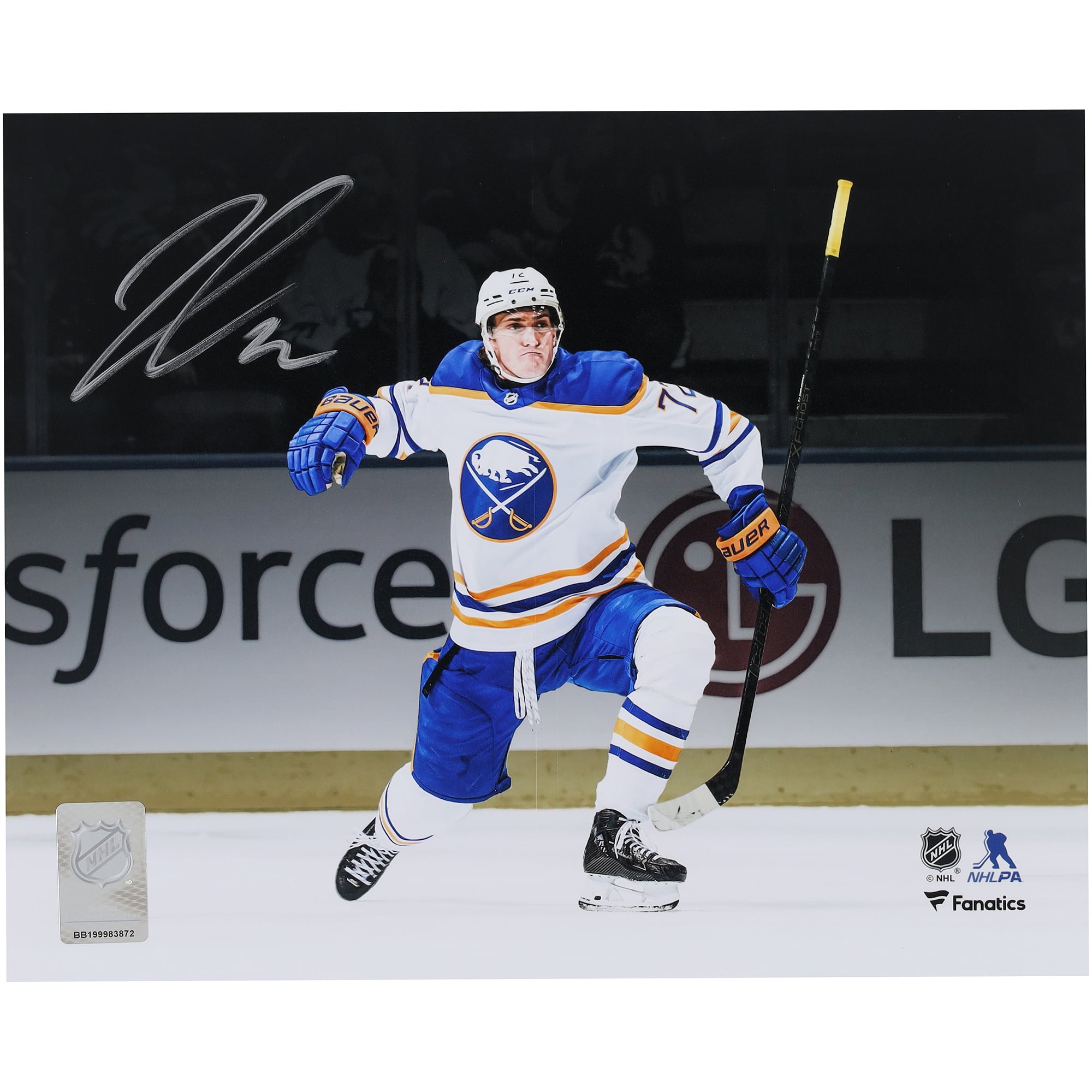 Tage Thompson Buffalo Sabres Autographed 8" x 10" White Jersey Celebration Spotlight Photograph