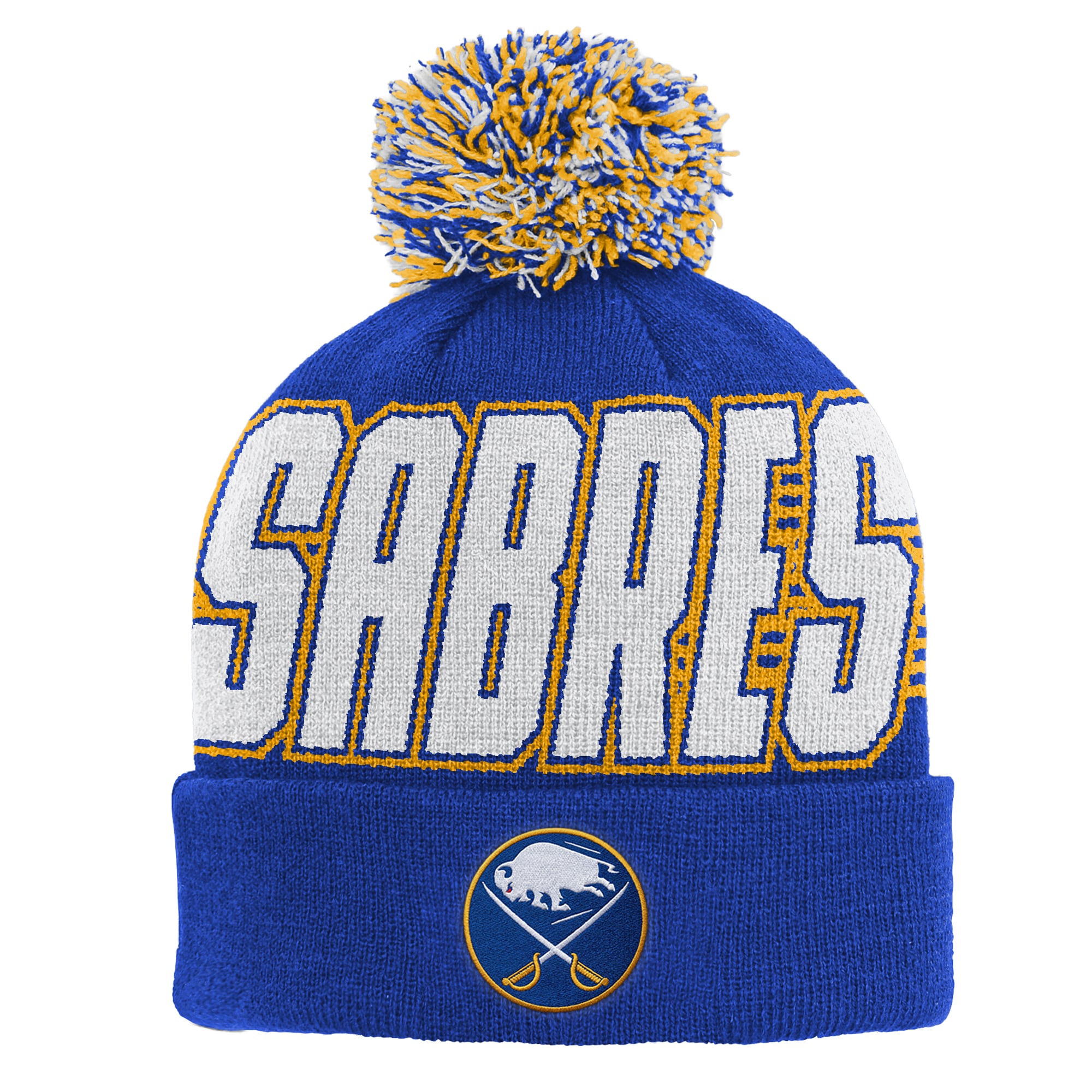 Bonnet tricoté à revers avec pompon, modèle Royal Buffalo Sabres, pour enfant de la marque Outerstuff.