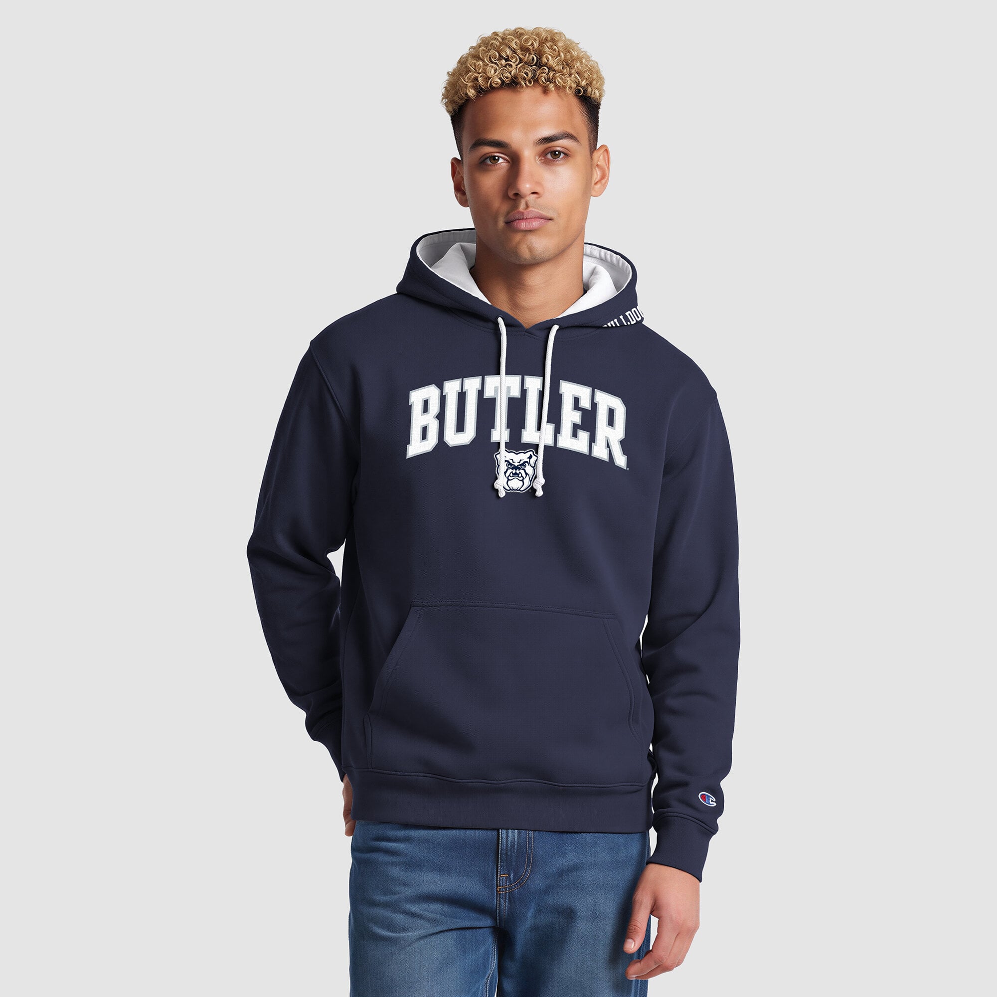 Sweat à capuche contrasté Champion pour homme, bleu marine et blanc, motif Butler Bulldogs