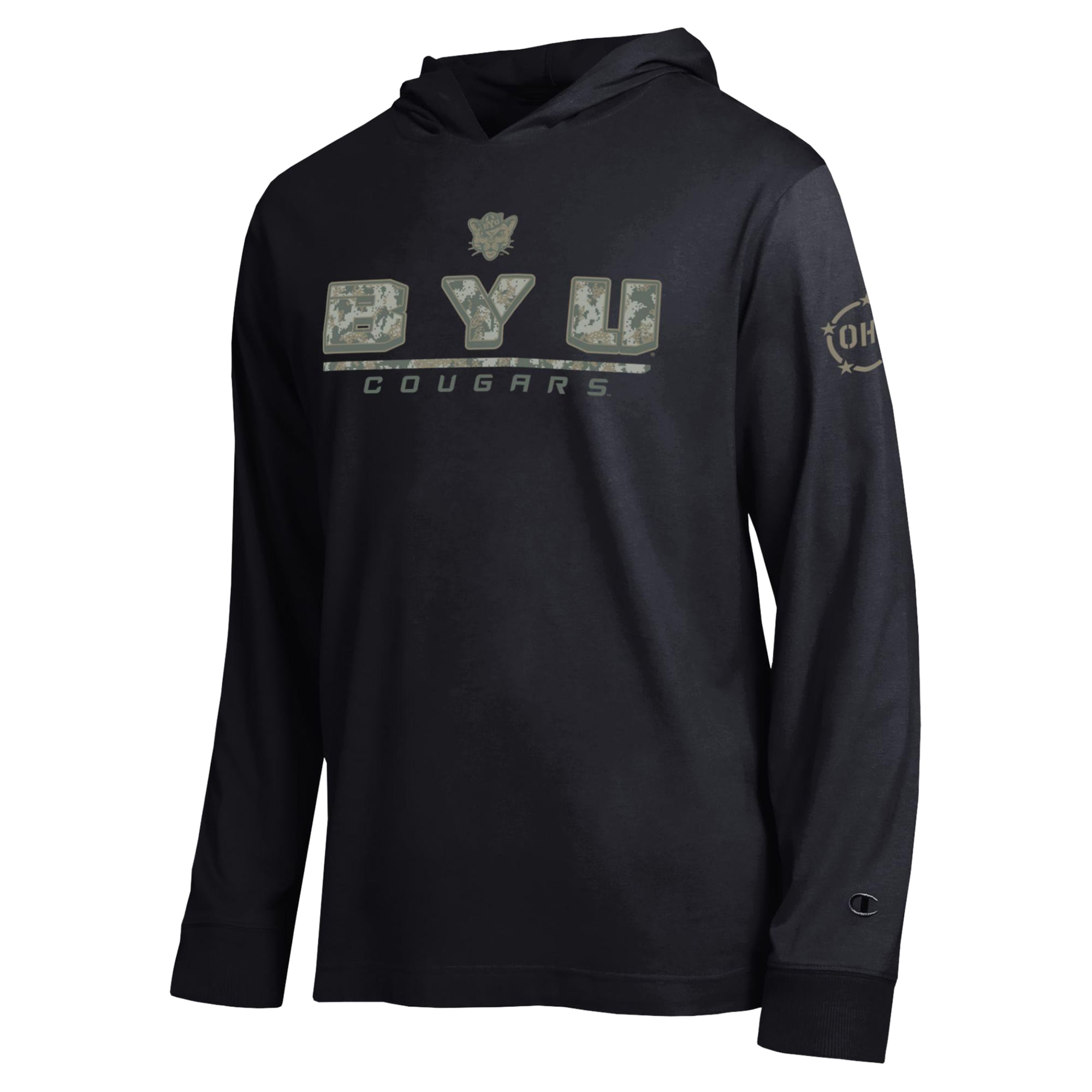 Men's Champion Black BYU Cougars Operation Hat Trick Camo Script Hooded Long Sleeve T-Shirt