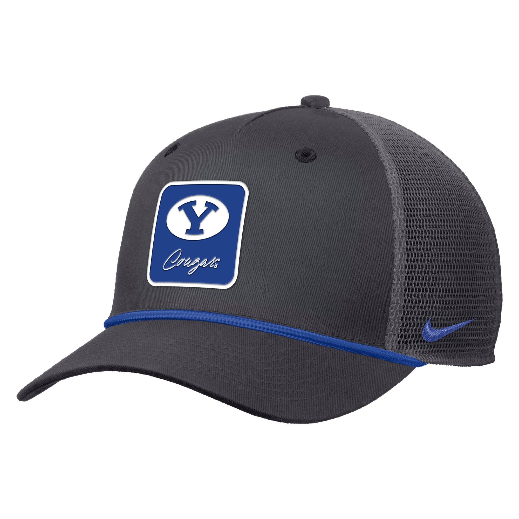 Casquette trucker Nike BYU Cougars Primetime Logo Script Rise Rope pour homme, couleur anthracite, ajustable