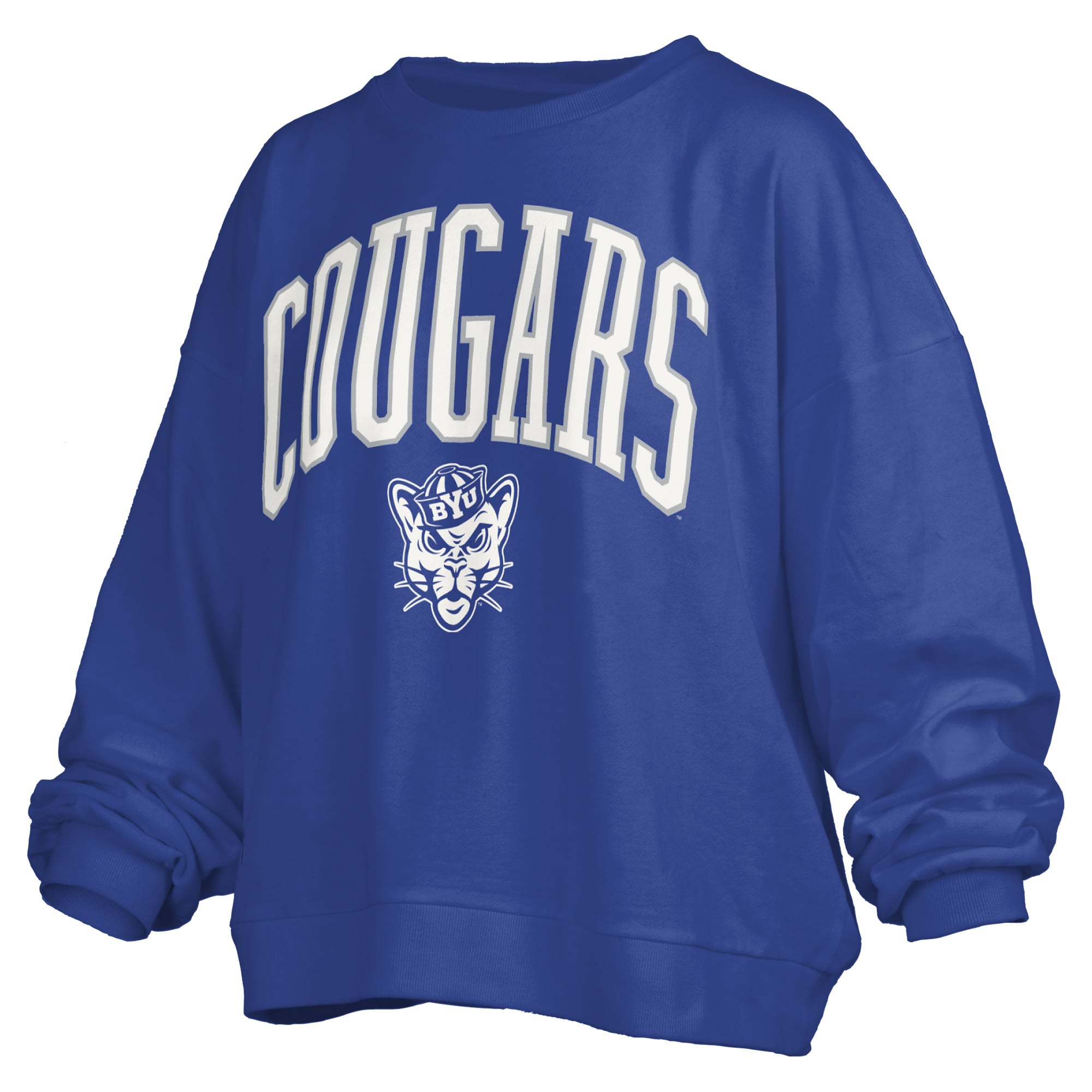 Women's Pressbox Royal BYU Cougars Oversized Janise Arch Over Logo Fleece Sweatshirt