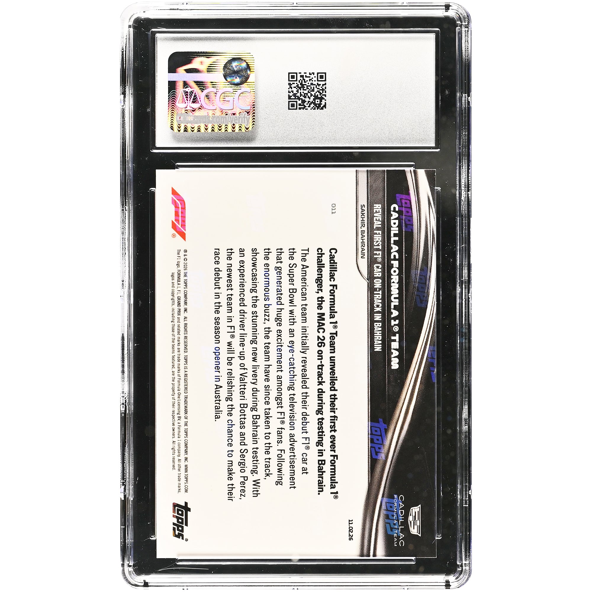 Cadillac F1 Team 2026 Topps Now Formula 1 : Première F1 dévoilée en piste à Bahreïn - Carte dorée n° 011/50 authentifiée par CGC (10 cartes)