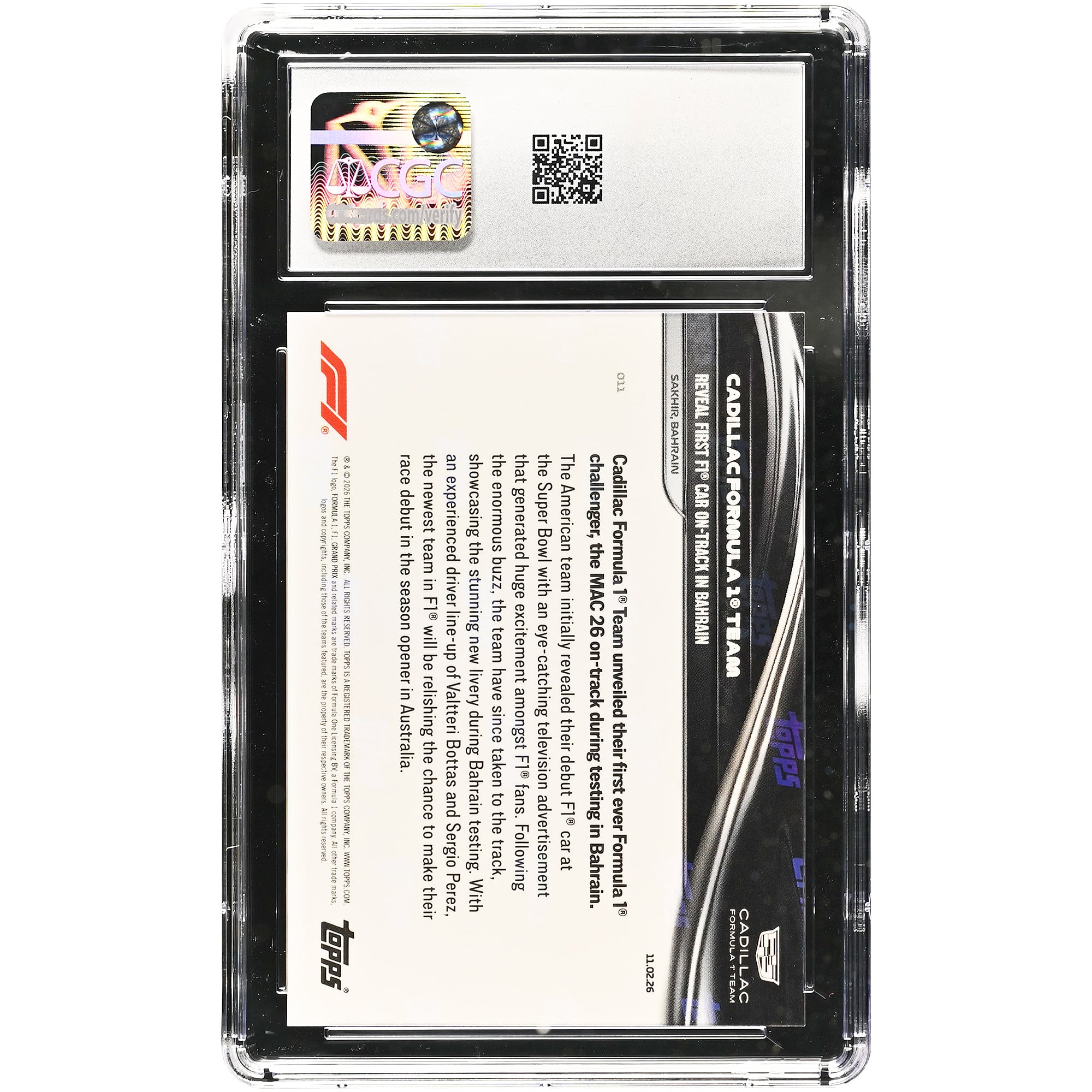 Cadillac F1 Team 2026 Topps Now Formula 1 présente sa première F1 en piste à Bahreïn #011 Carte authentifiée CGC 10
