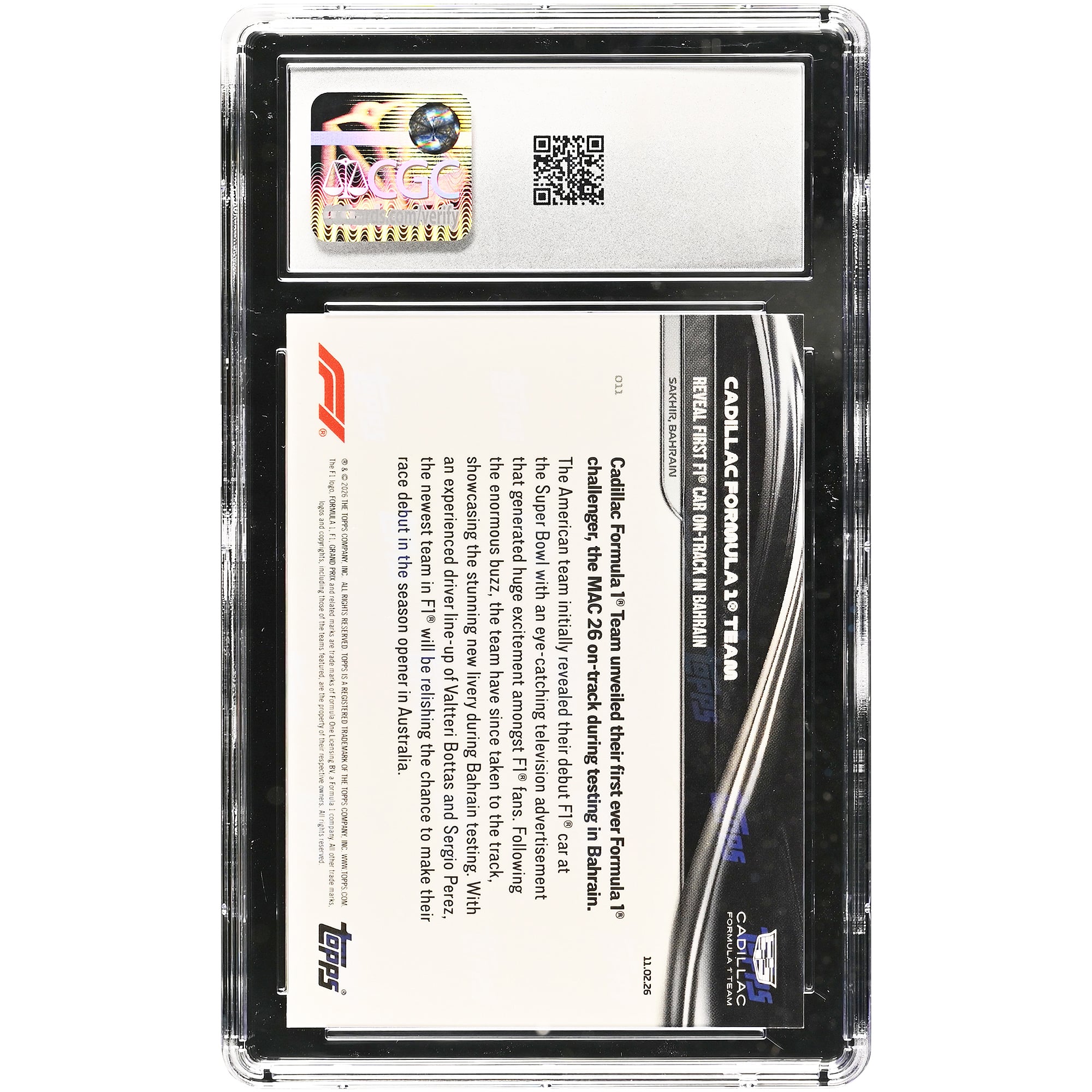 Carte Topps Now Formula 1 2026 de l'écurie Cadillac F1 Team, présentant la première F1 en piste à Bahreïn (n° 011), authentifiée CGC en état 9,5.