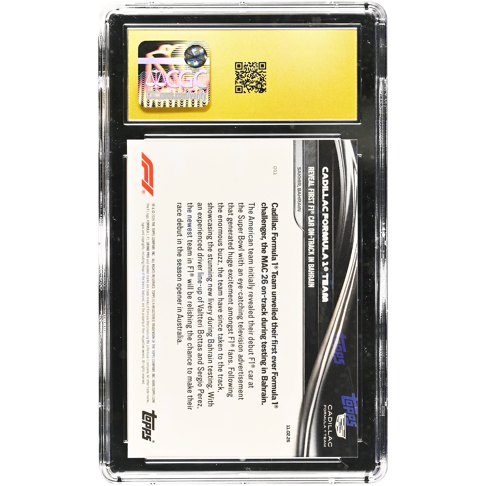 Cadillac F1 Team 2026 Topps Now Formula 1 : Première F1 en piste à Bahreïn #011 Carte authentifiée CGC Pristine 10