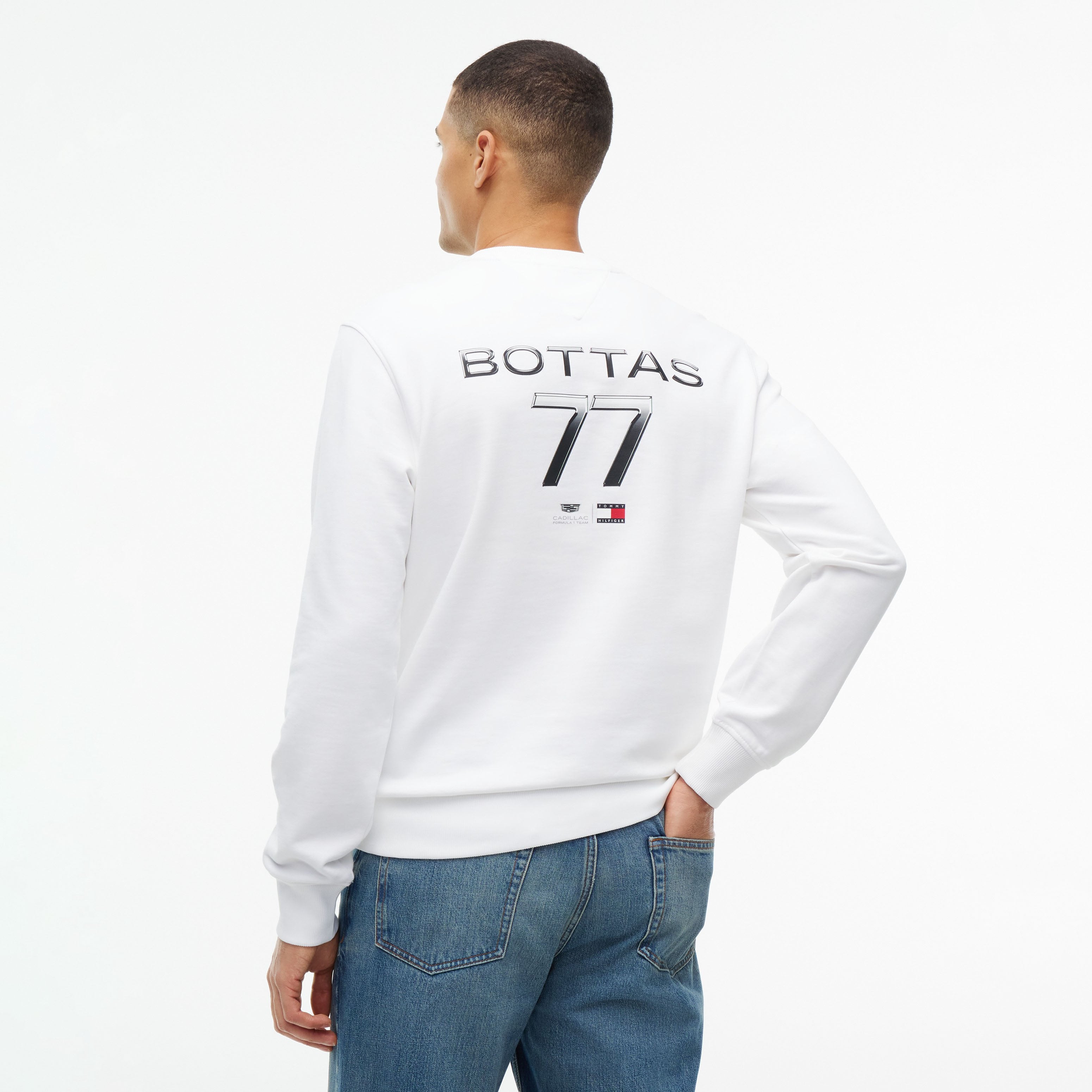 Unisex Tommy Hilfiger Valtteri Bottas White Cadillac F1 Team Driver's Chevron Sweatshirt