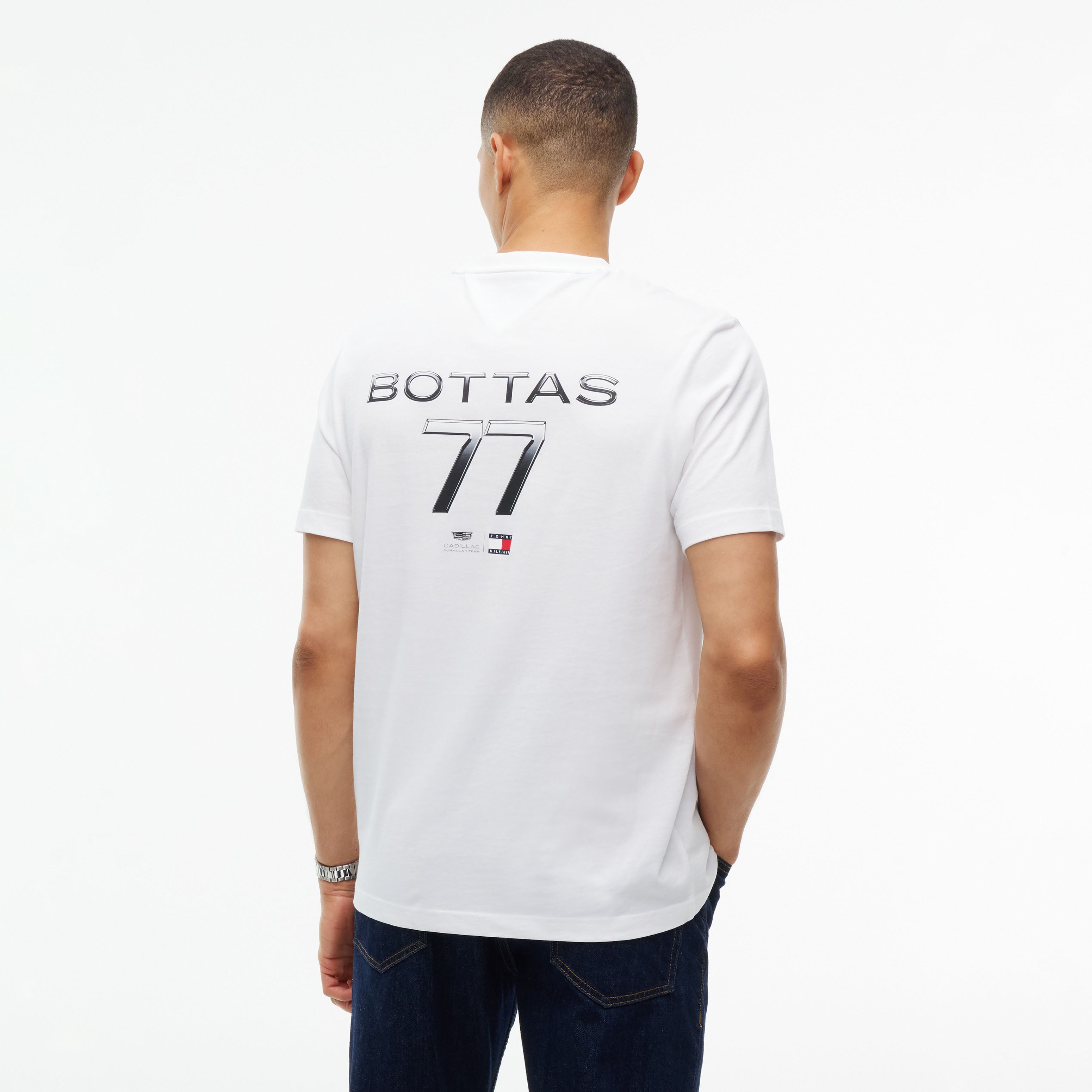 Unisex Tommy Hilfiger Valtteri Bottas White Cadillac F1 Team Driver's Chevron T-Shirt