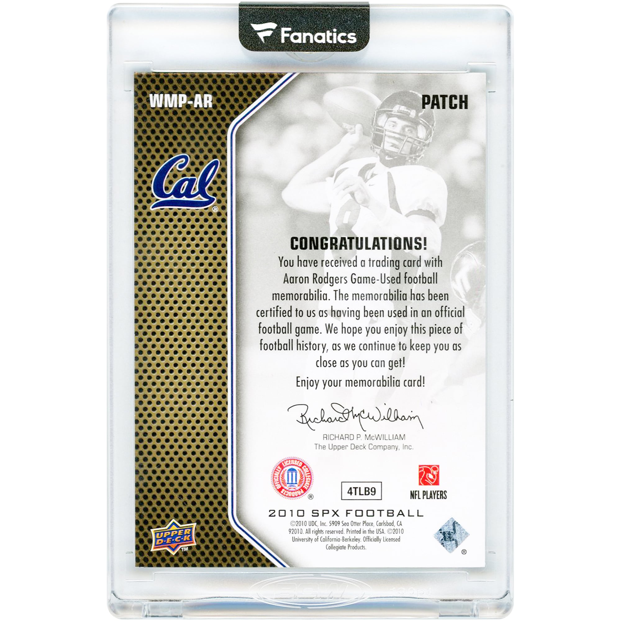 Carte Aaron Rodgers Cal Bears 2010 Upper Deck SPx Winning Materials Game Used Dual-Color Jersey Relic #WMP-AR #55/125