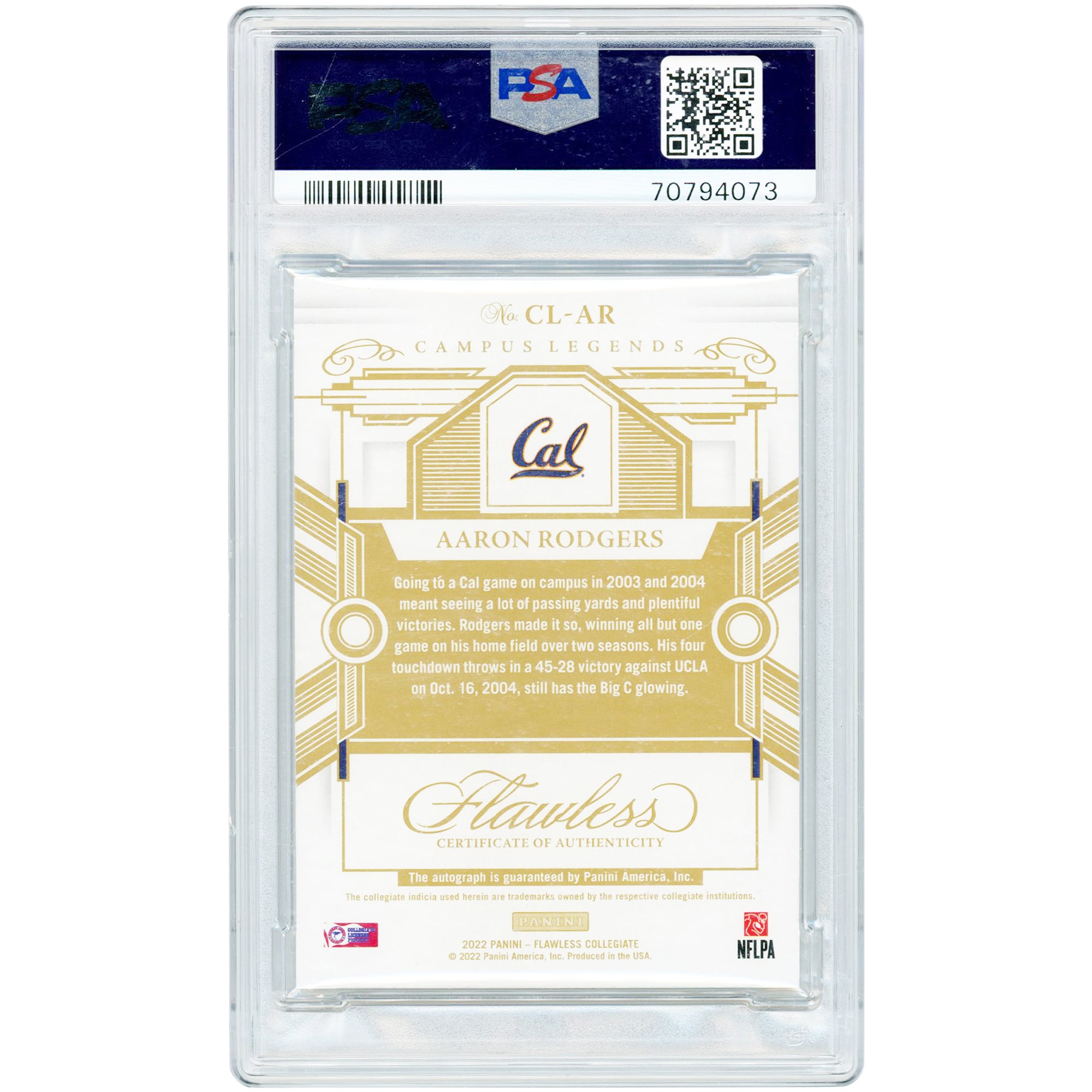 Aaron Rodgers Cal Bears Autographed 2022 Panini Flawless Collegiate Campus Legends Holo Gold #CL-AR #10/10 PSA Authenticated 8 Card