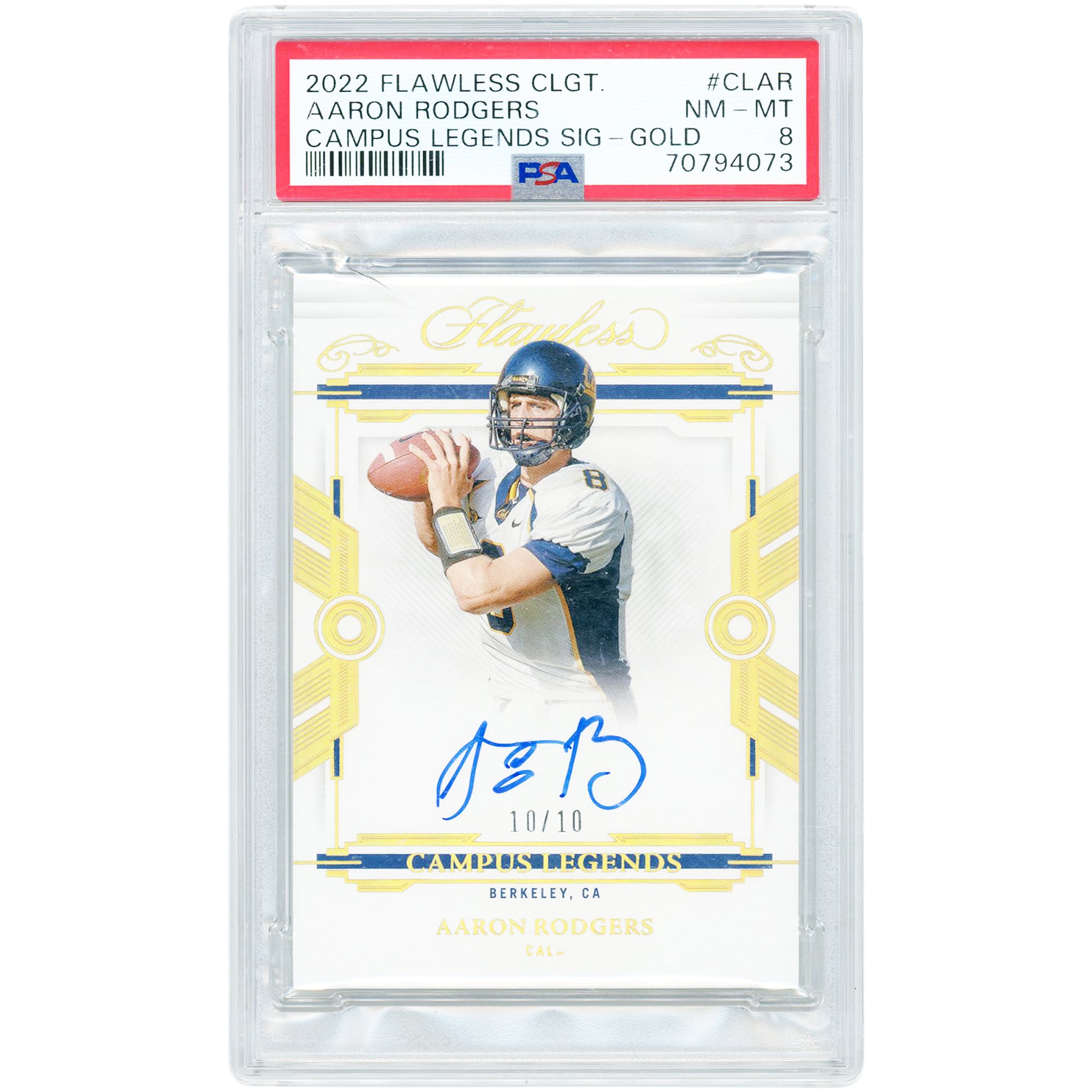 Aaron Rodgers Cal Bears Autographed 2022 Panini Flawless Collegiate Campus Legends Holo Gold #CL-AR #10/10 PSA Authenticated 8 Card