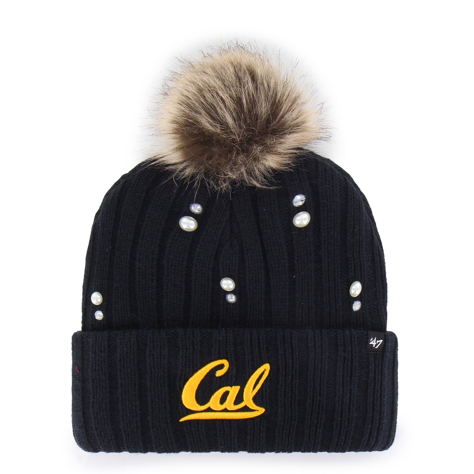 Bonnet en maille de fourrure nacrée '47 pour femme, modèle Cal Bears, bleu marine, avec pompon