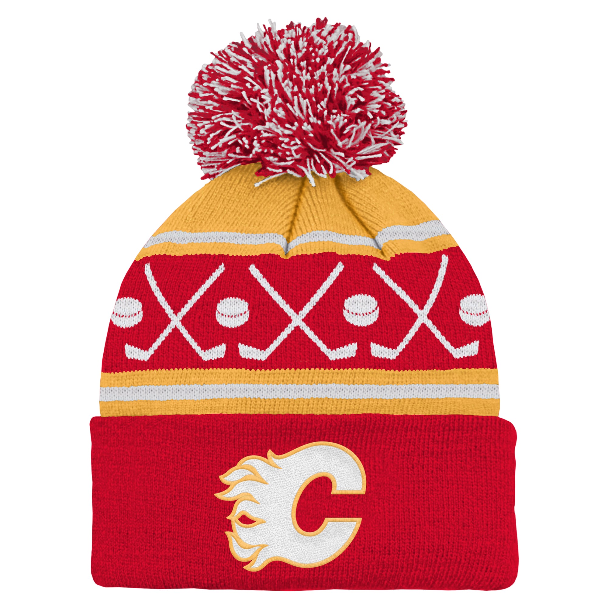 Bonnet à revers rouge et jaune des Flames de Calgary avec pompon, de la marque Outerstuff.