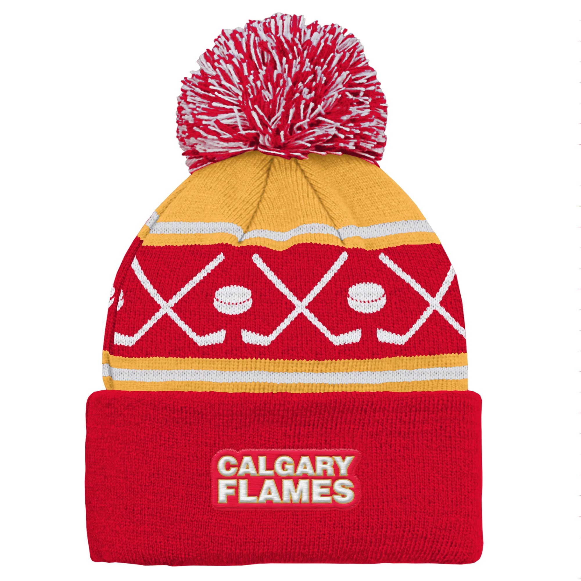Bonnet à revers rouge et jaune des Flames de Calgary avec pompon, de la marque Outerstuff.