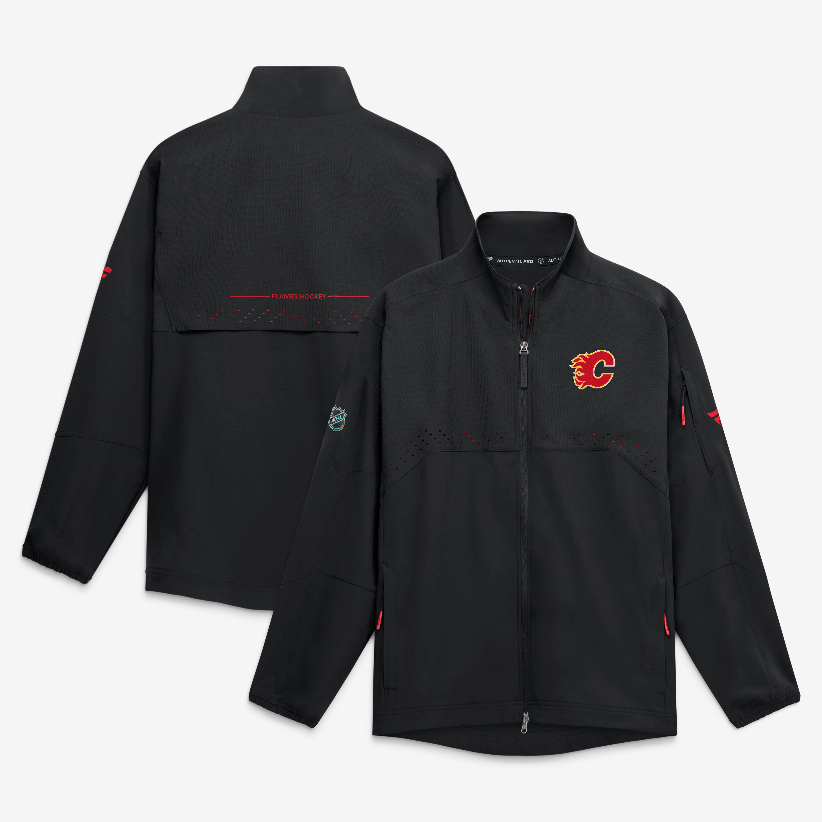 Veste d'entraîneur authentique professionnelle pour homme Fanatics Flames de Calgary, noire, style patinoire.