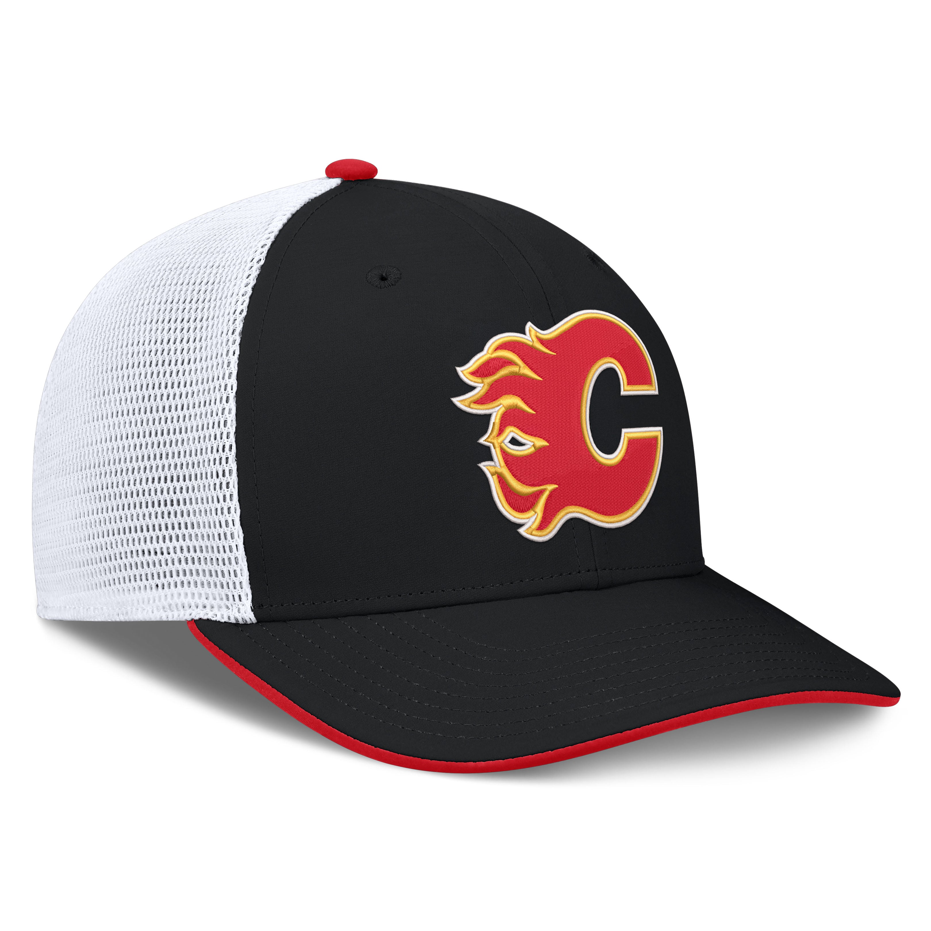 Men's Fanatics Black/White Calgary Flames Authentic Pro Rink Mid-Crown Adjustable Trucker Hat