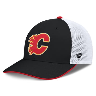 Casquette trucker ajustable à couronne moyenne Calgary Flames Fanatics noire et blanche authentique Pro Rink pour homme