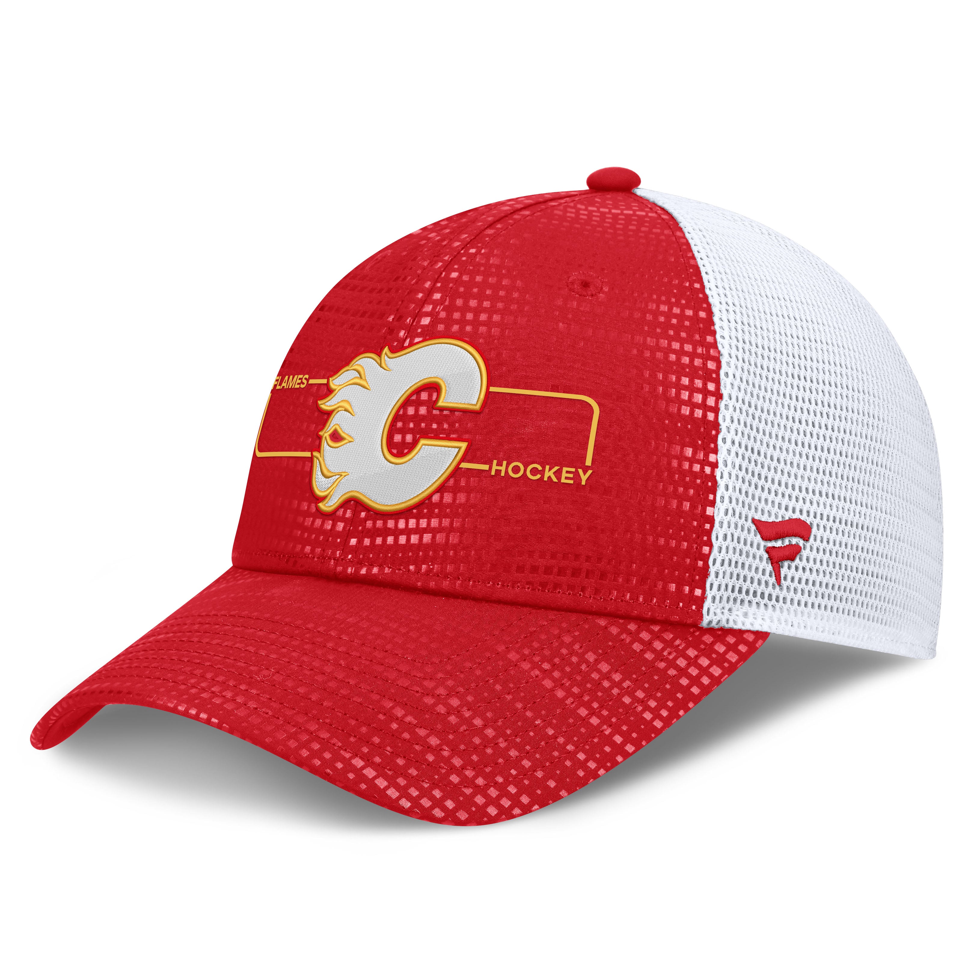 Casquette trucker authentique Pro Rink à logo encadré rouge et blanc des Flames de Calgary (Fanatics) pour homme