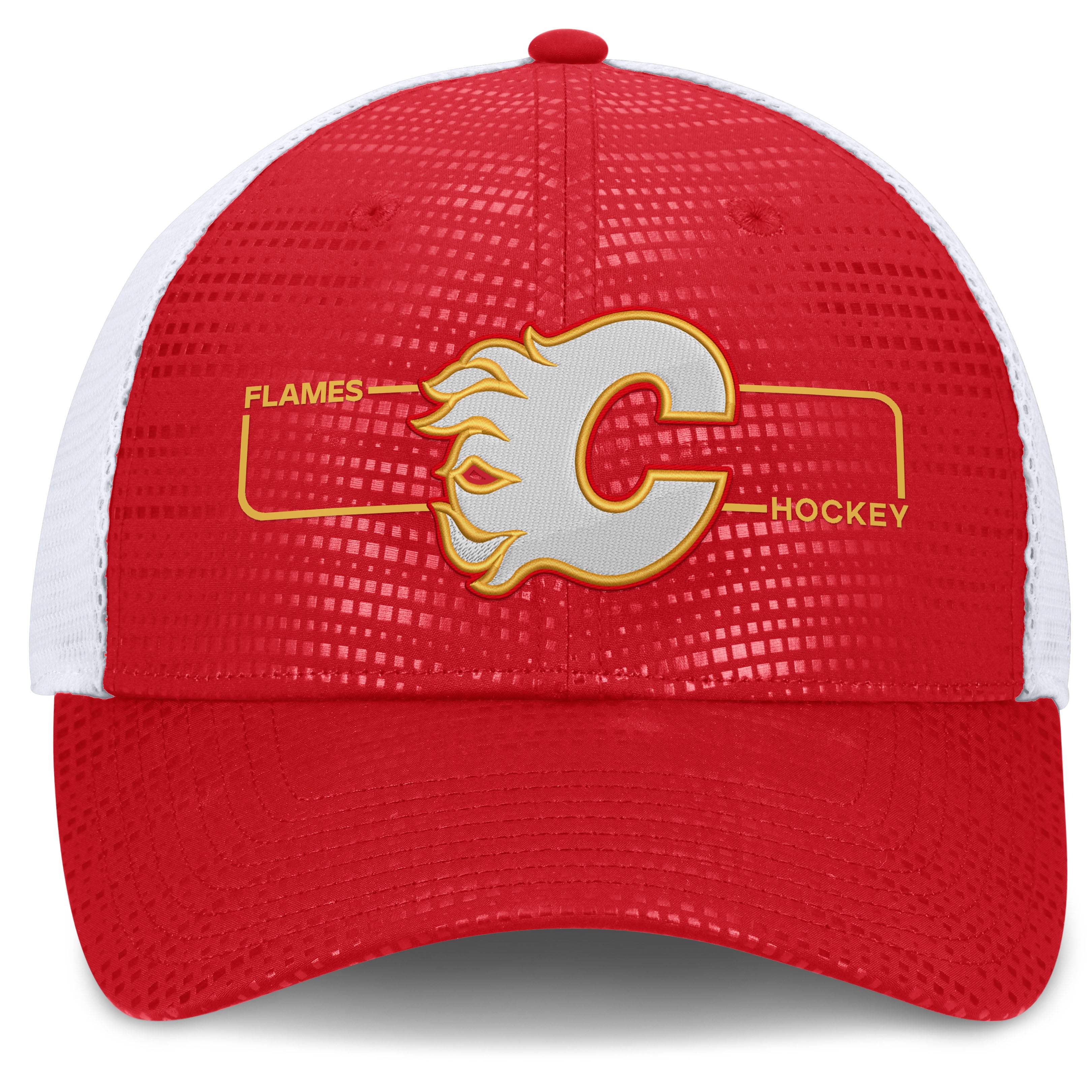 Casquette trucker authentique Pro Rink à logo encadré rouge et blanc des Flames de Calgary (Fanatics) pour homme