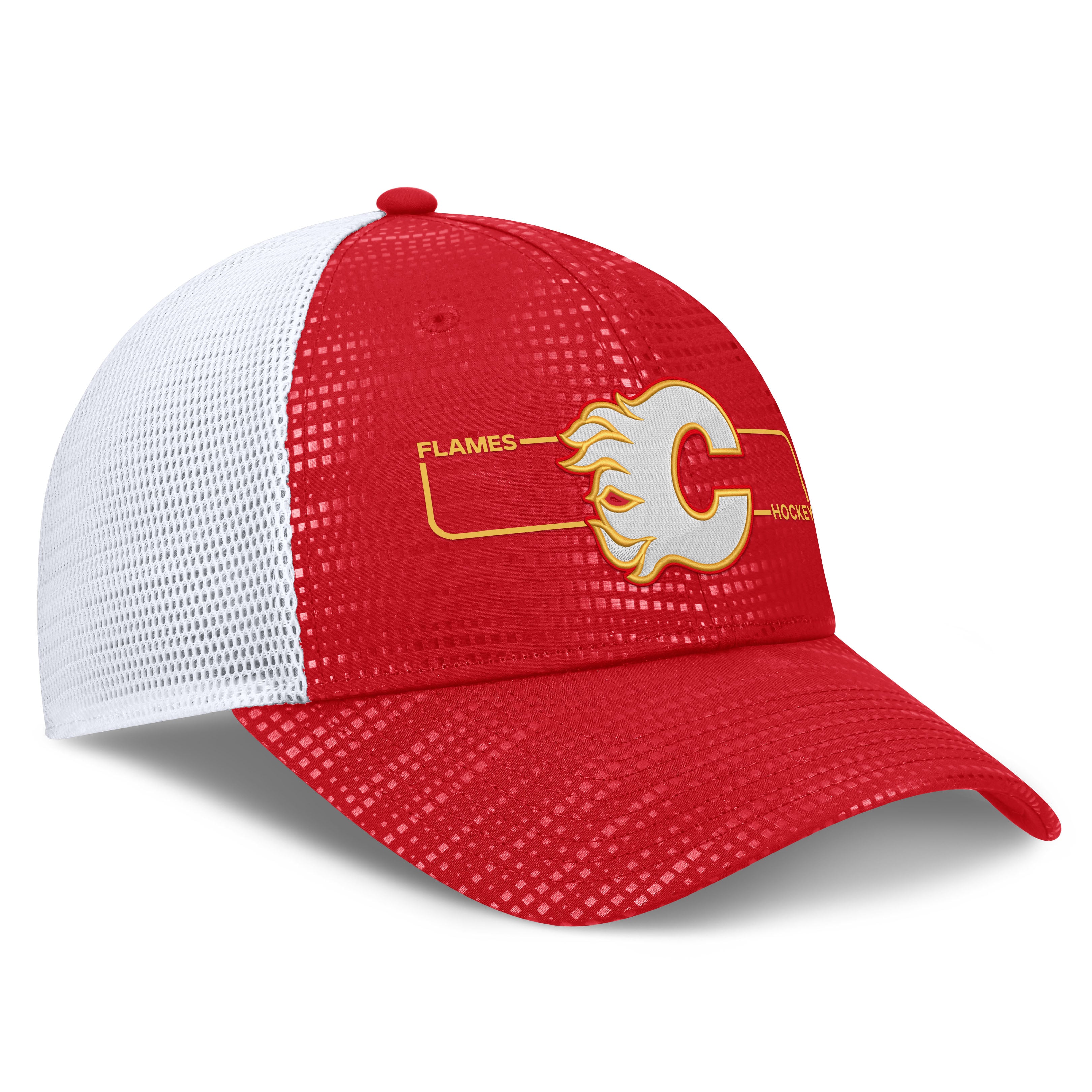 Casquette trucker authentique Pro Rink à logo encadré rouge et blanc des Flames de Calgary (Fanatics) pour homme