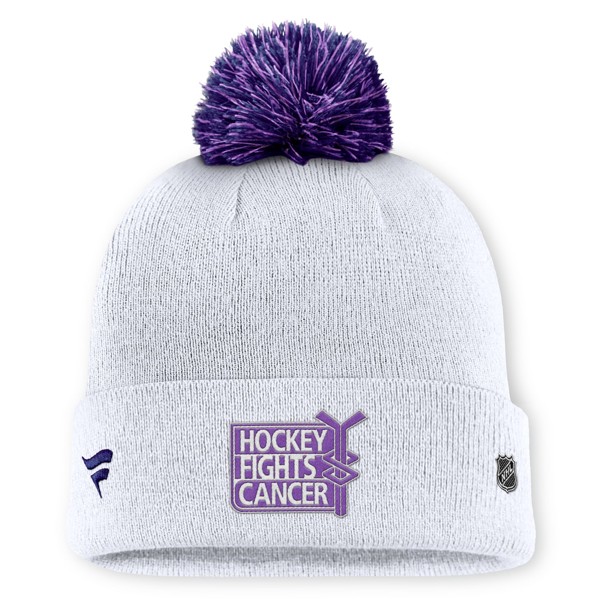 Men's Fanatics  White Calgary Flames Authentic Pro Hockey Fights Cancer Cuffed Knit Hat with Pom