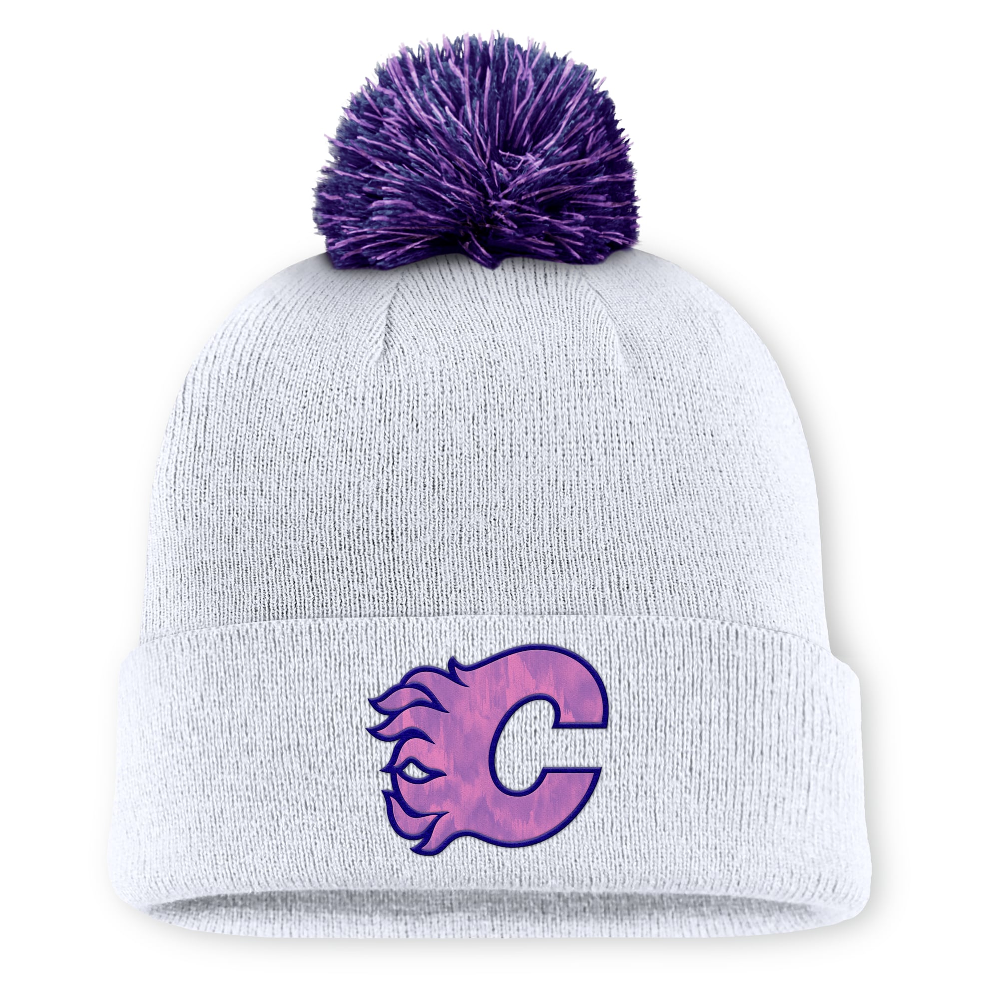 Men's Fanatics White Calgary Flames Authentic Pro Hockey Fights Cancer Cuffed Knit Hat with Pom