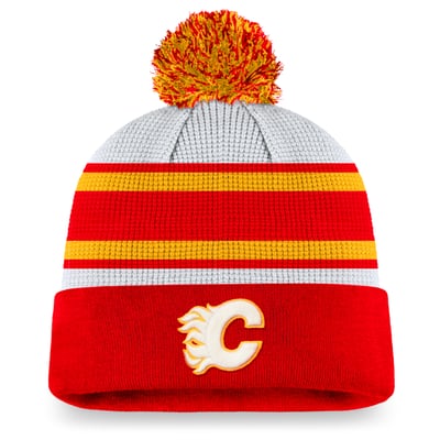 Calgary Flames Fanatics Authentic Pro Draft Cuffed Knit Hat with - Pom - White/Red