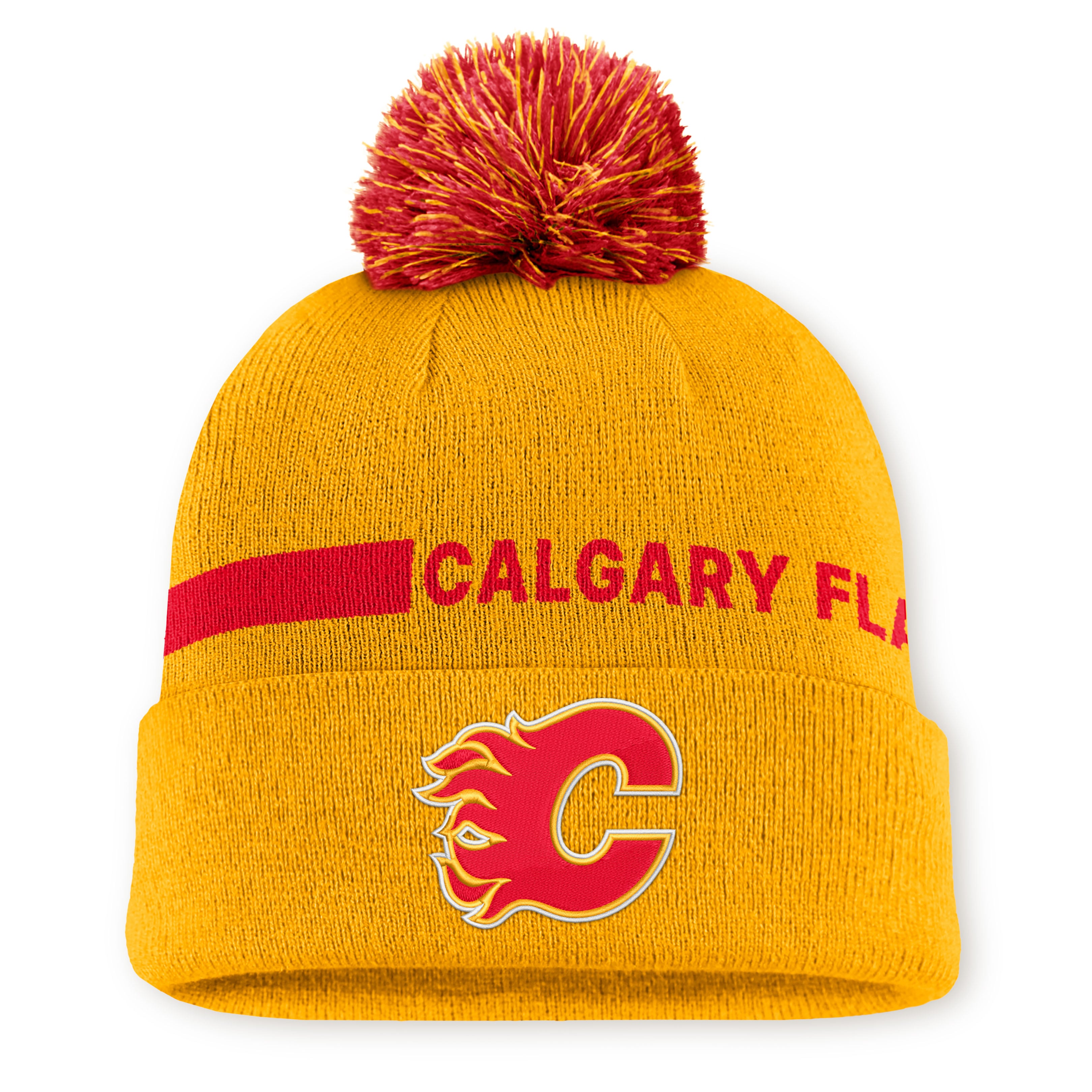 Bonnet tricoté authentique Pro Rink jaune à revers avec pompon Fanatics Flames de Calgary pour homme