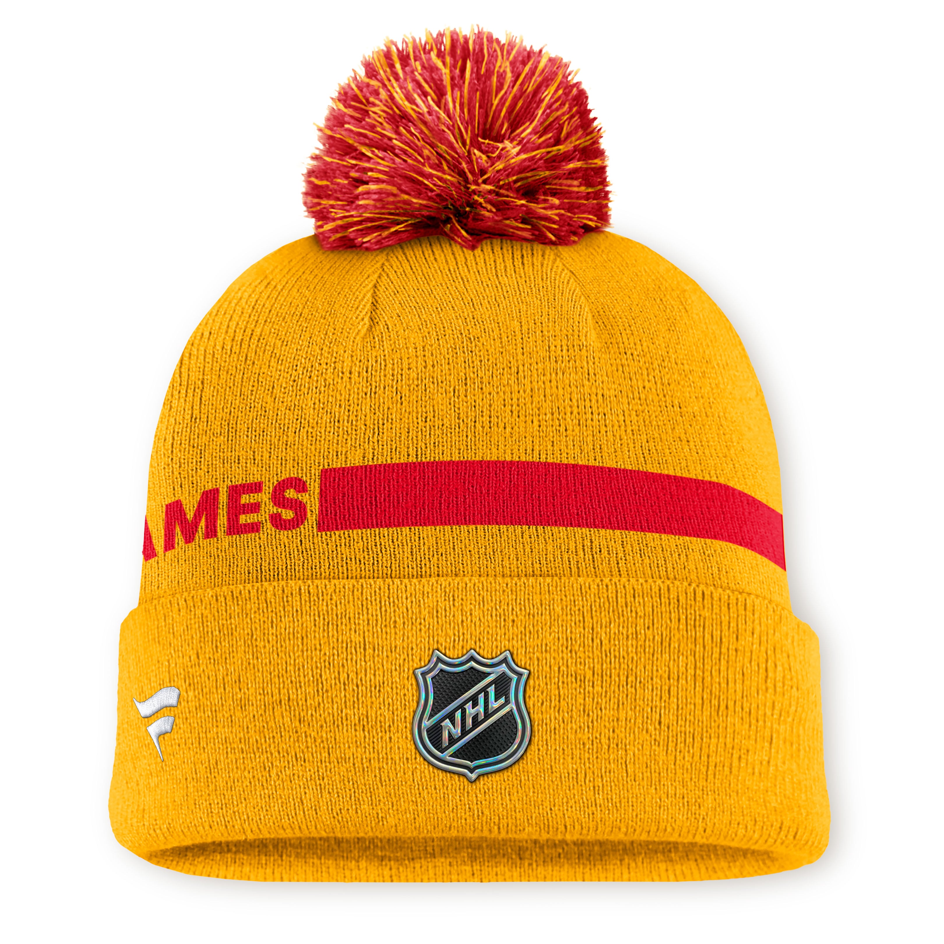 Bonnet tricoté authentique Pro Rink jaune à revers avec pompon Fanatics Flames de Calgary pour homme