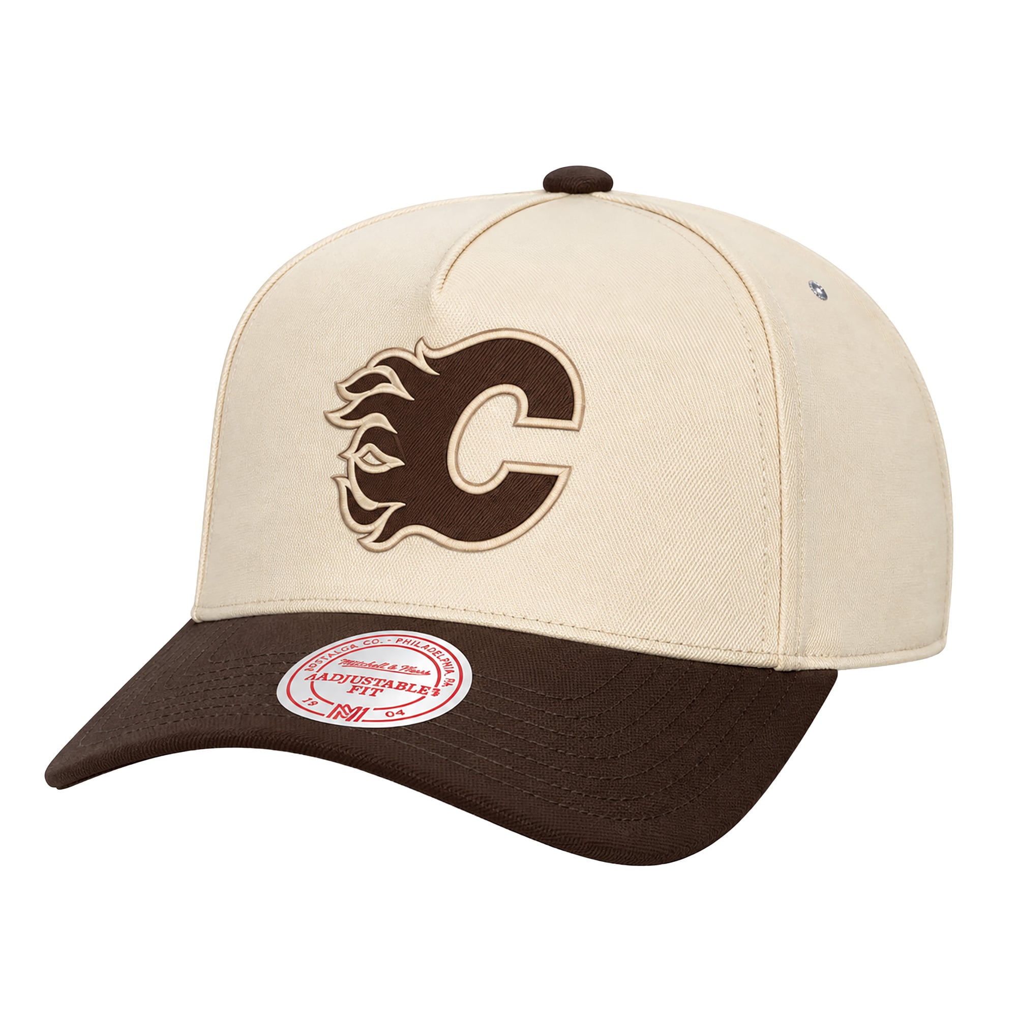 Casquette snapback Pro Pinch Fashion Basics crème Mitchell & Ness pour homme, modèle Flames de Calgary.