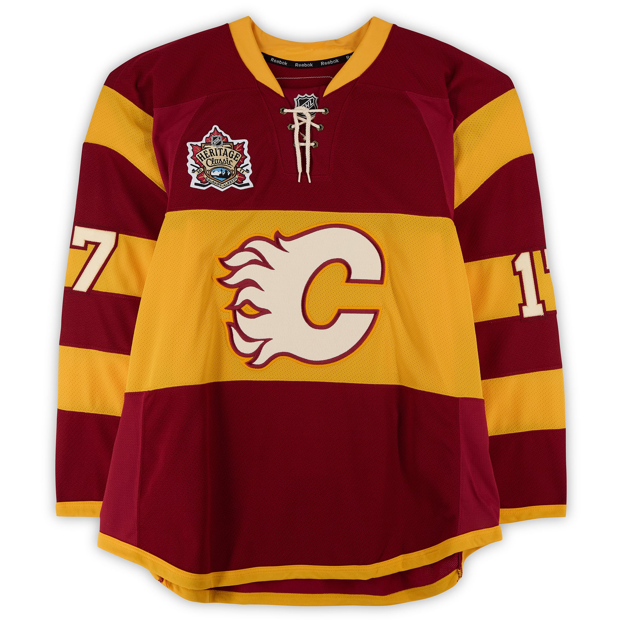 Rene Bourque Calgary Flames Practice-Used #17 Yellow Jersey vs. Montreal Canadiens on February 20, 2011