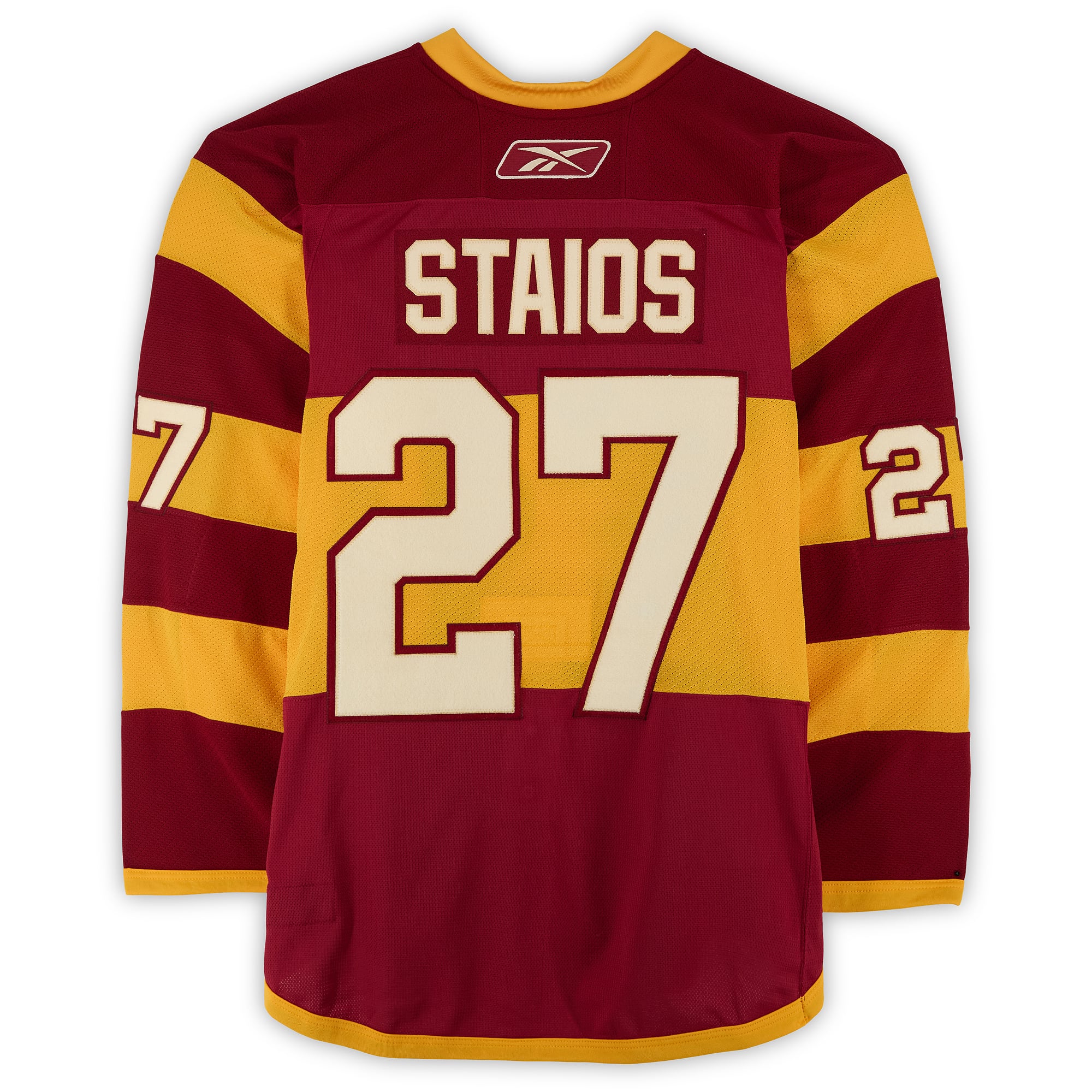 Steve Staios Calgary Flames Practice-Used #27 Yellow Jersey vs. Montreal Canadiens on February 20, 2011