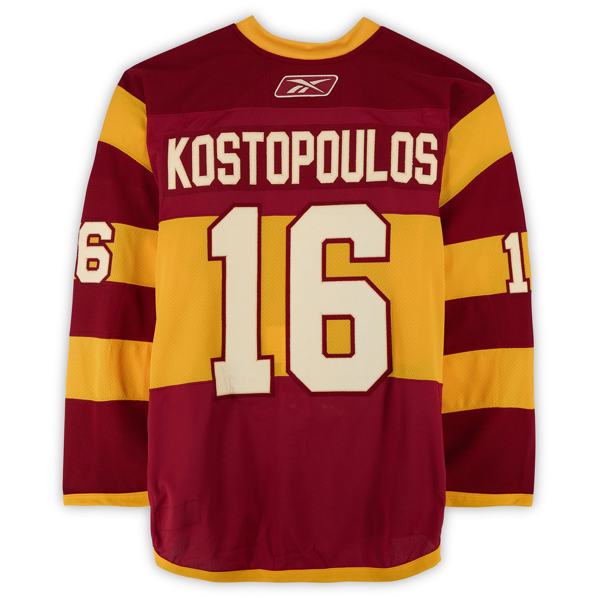 Tom Kostopoulos Calgary Flames Practice-Used #16 Yellow Jersey vs. Montreal Canadiens on February 20, 2011