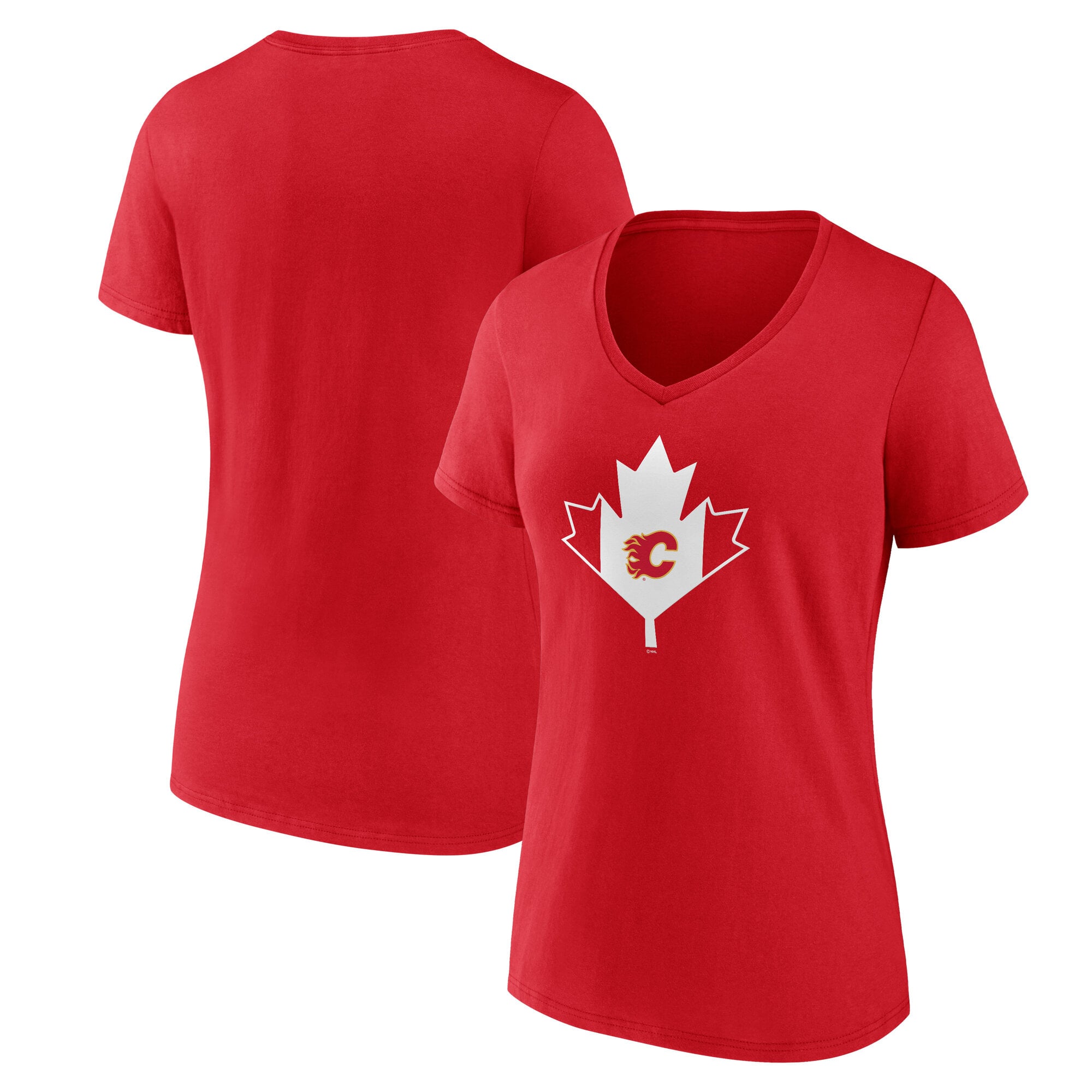 T-shirt à col en V rouge Calgary Flames pour femmes, fête du Canada