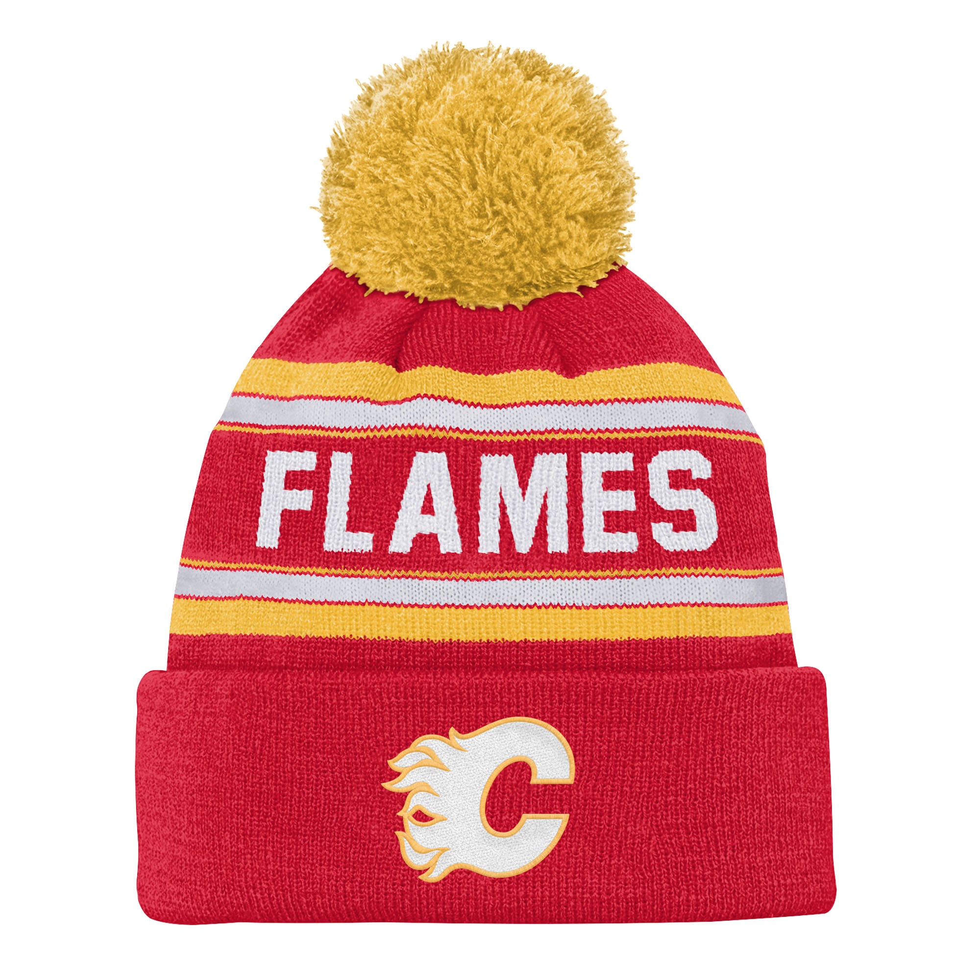 Bonnet en tricot jacquard à revers et pompon Youth Outerstuff des Flames de Calgary rouges