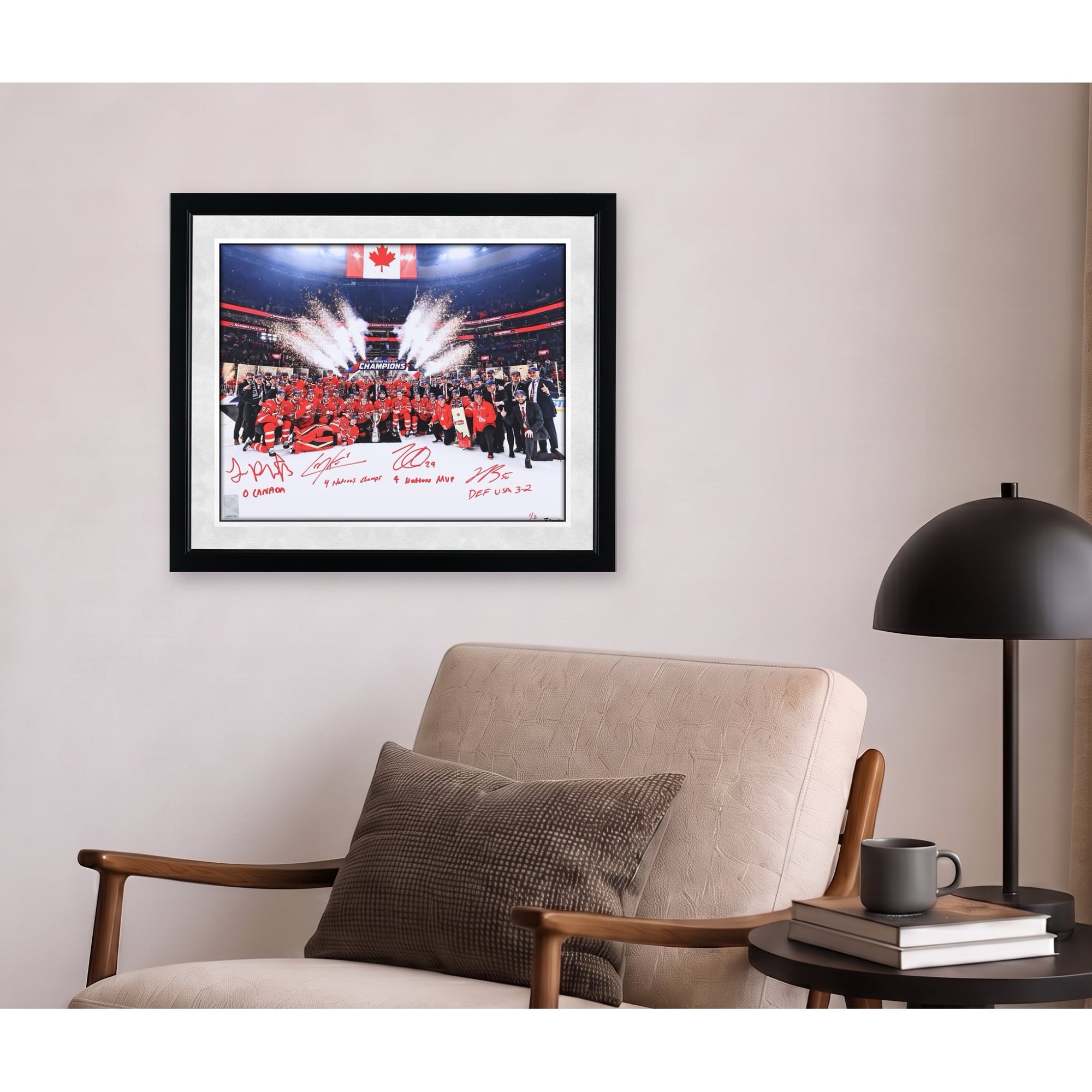 Nathan MacKinnon, Cale Makar, Sam Reinhart & Jordan Binnington Canada Autographed 16" x 20" 4 Nations Face-Off Champions Team Celebration Photograph with Multiple Inscriptions - Signed in Red Ink - Limited Edition of 5