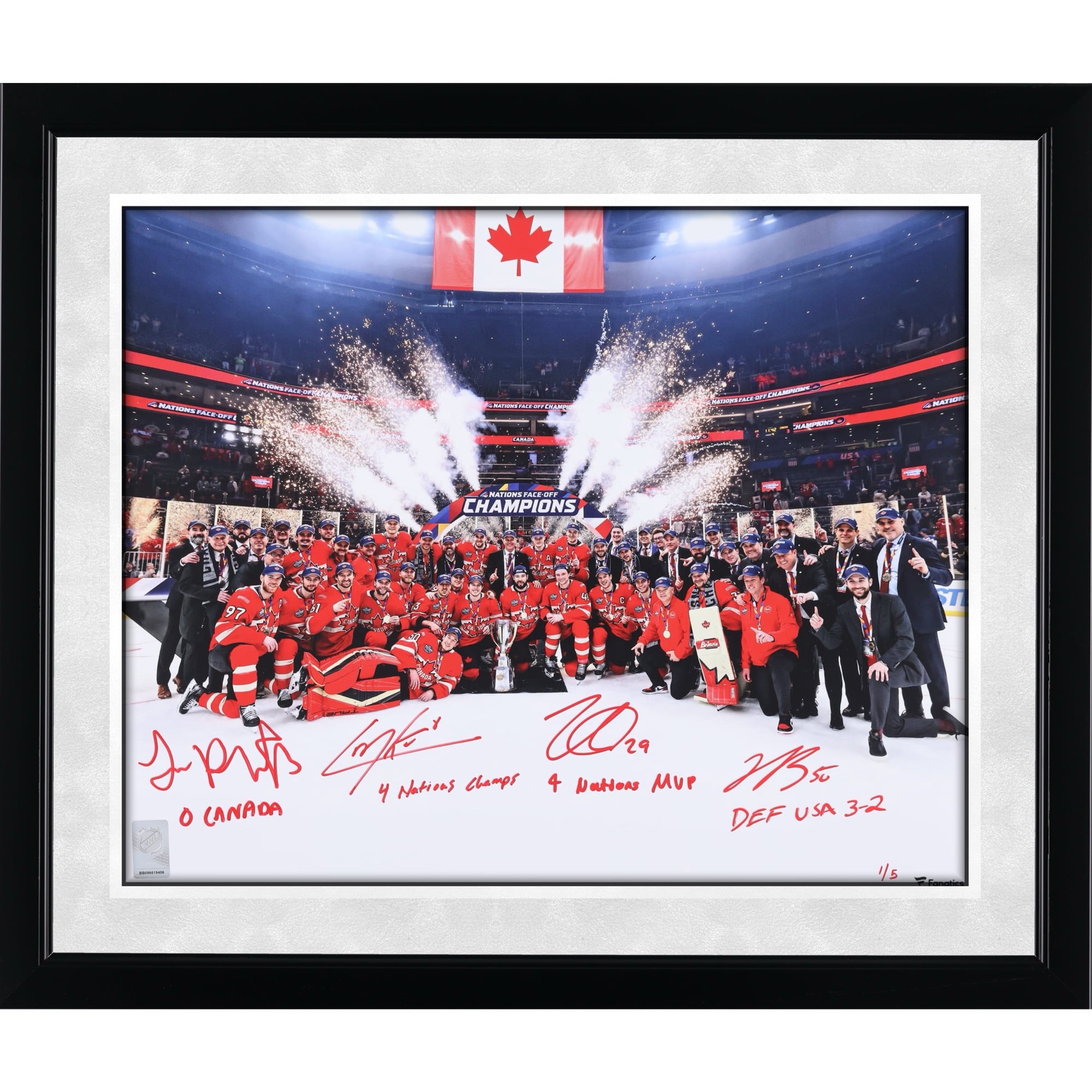 Nathan MacKinnon, Cale Makar, Sam Reinhart & Jordan Binnington Canada Autographed 16" x 20" 4 Nations Face-Off Champions Team Celebration Photograph with Multiple Inscriptions - Signed in Red Ink - Limited Edition of 5